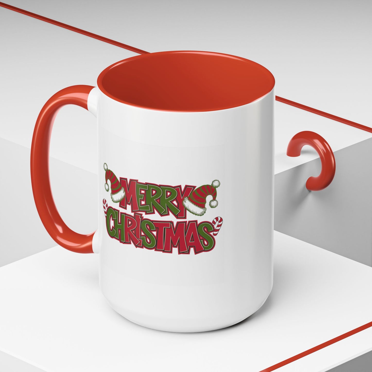 Christmas Mug - Merry Christmas Red & Green Text Hats Candy Canes