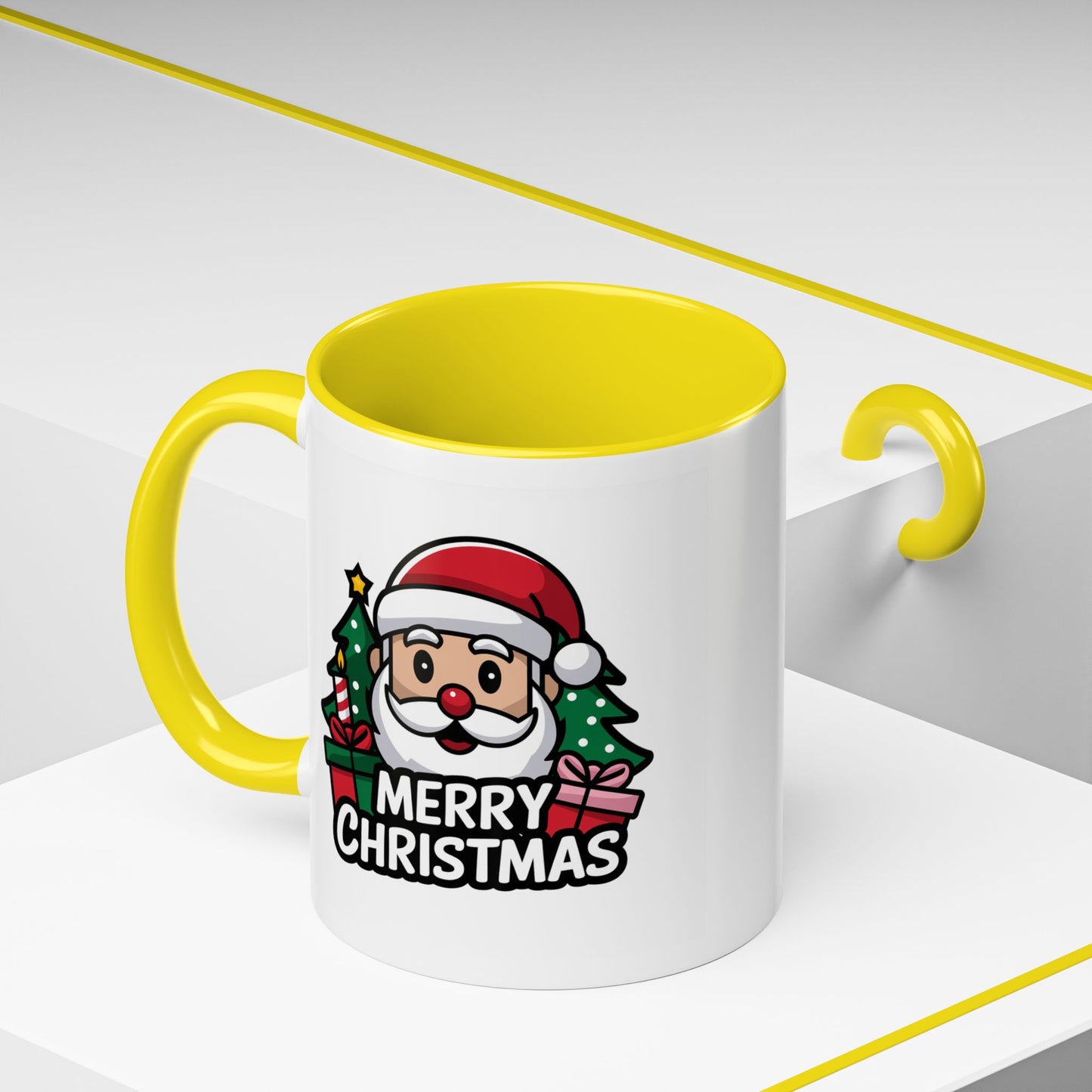 Christmas Mug - Merry Christmas White & Black Text Santa Trees Presents