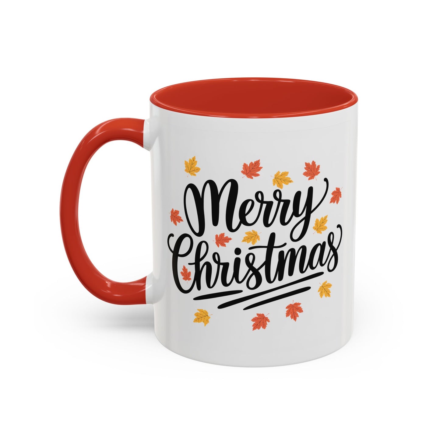 Christmas Mug - Merry Christmas Black Text Fall Leaves