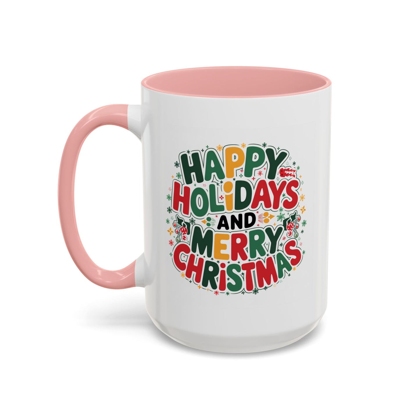 Christmas Mug - Happy Holidays and Merry Christmas Blue Green Yellow Red Text