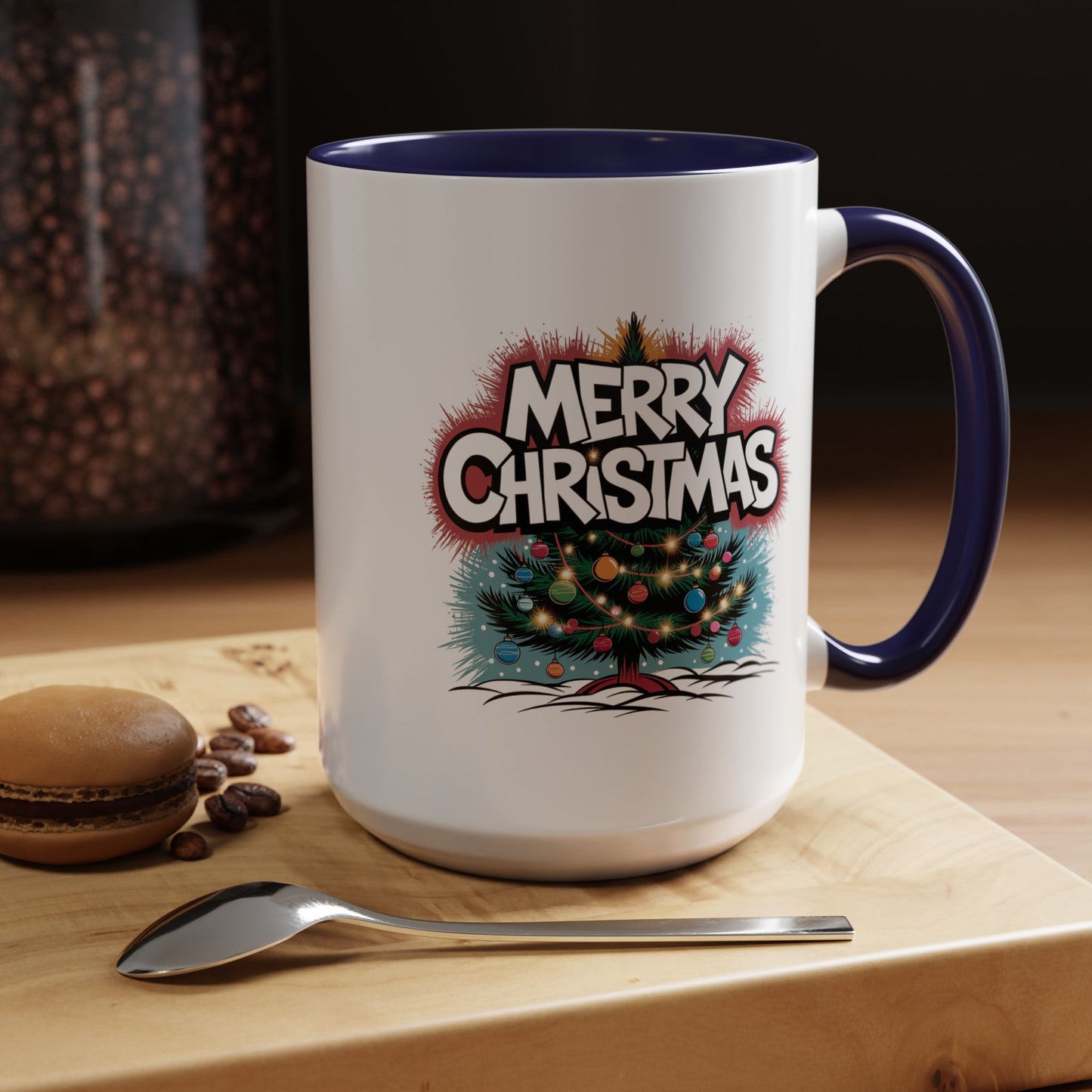 Christmas Mug - Merry Christmas White & Red Text Tree Lights