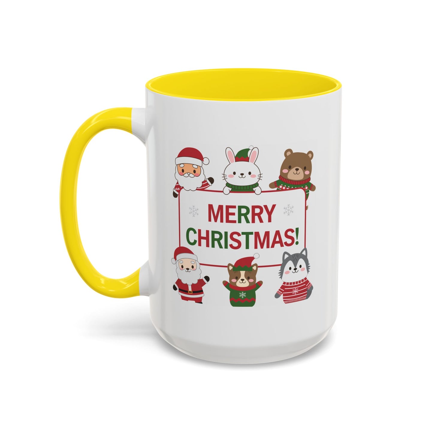 Christmas Mug - Merry Christmas Red & Green Text Santa Cute Animals