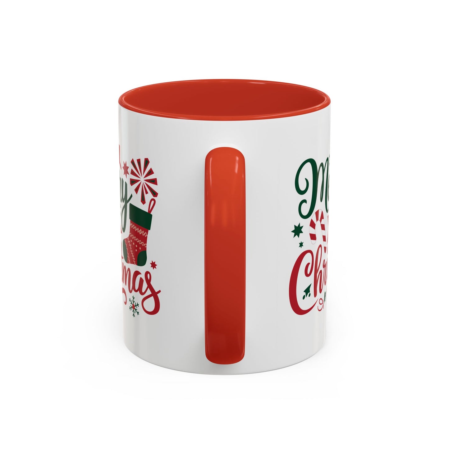 Christmas Mug - Merry Christmas Green & Red Text Star Candy Cane Stocking Snowflake