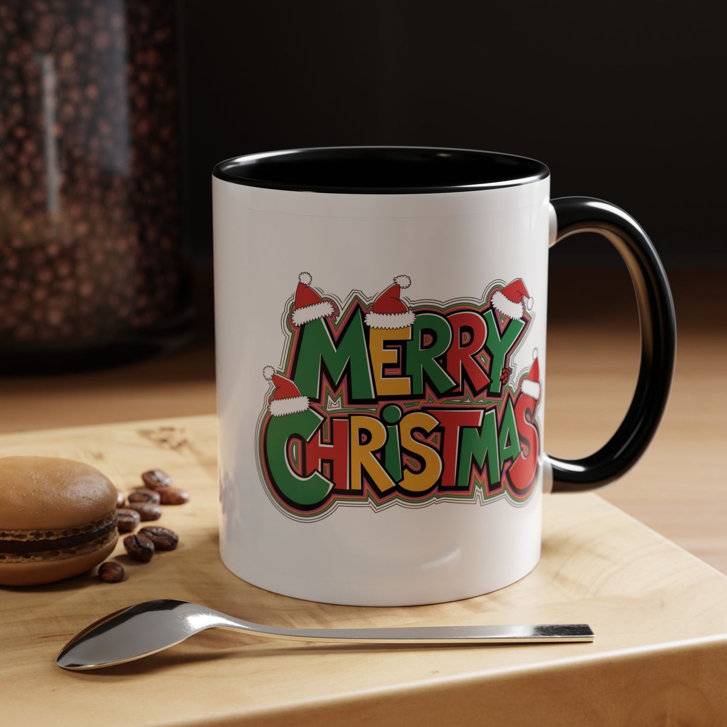 Christmas Mug - Merry Christmas Green Yellow & Red Text Hats