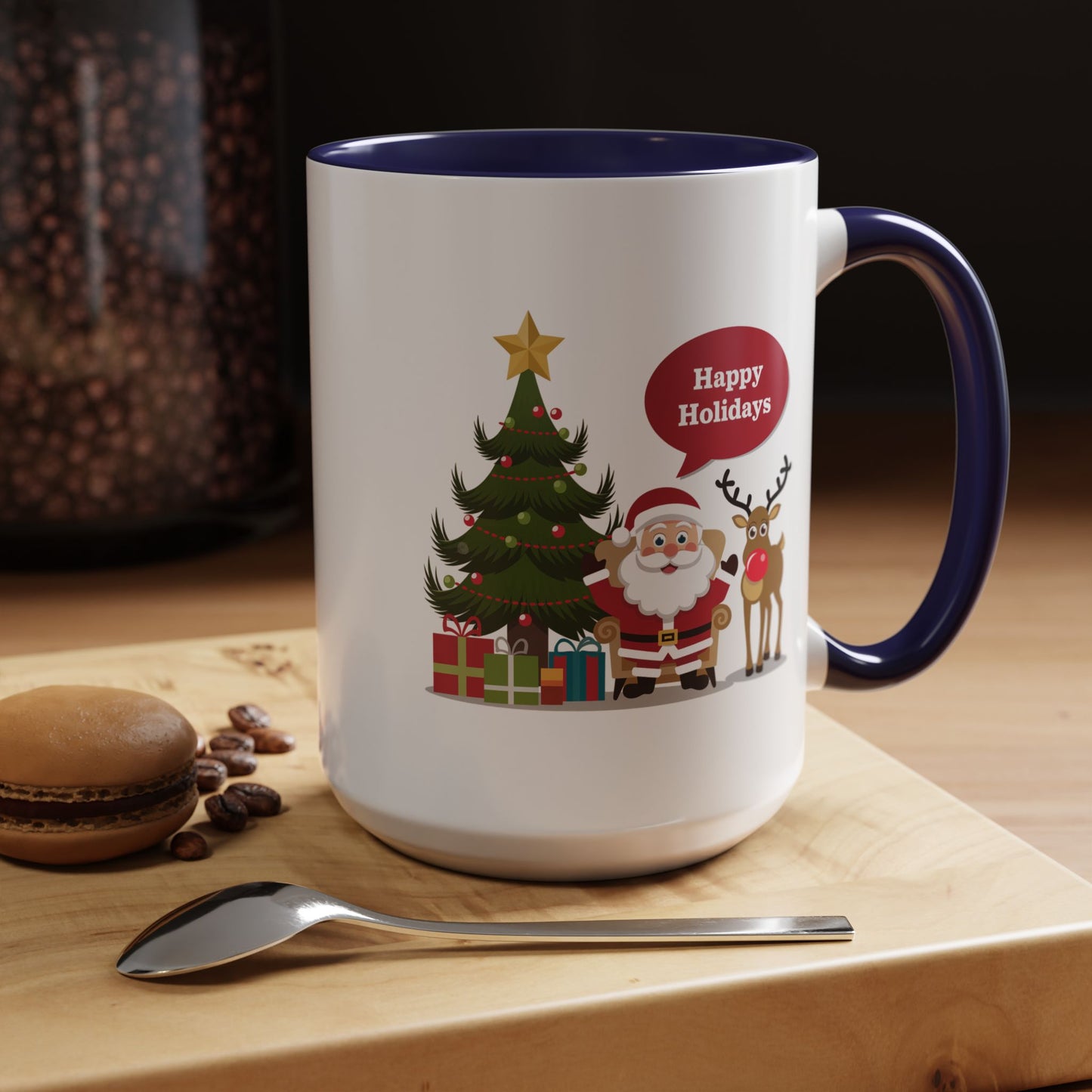 Christmas Mug - Happy Holidays Callout Santa Tree Presents Reindeer
