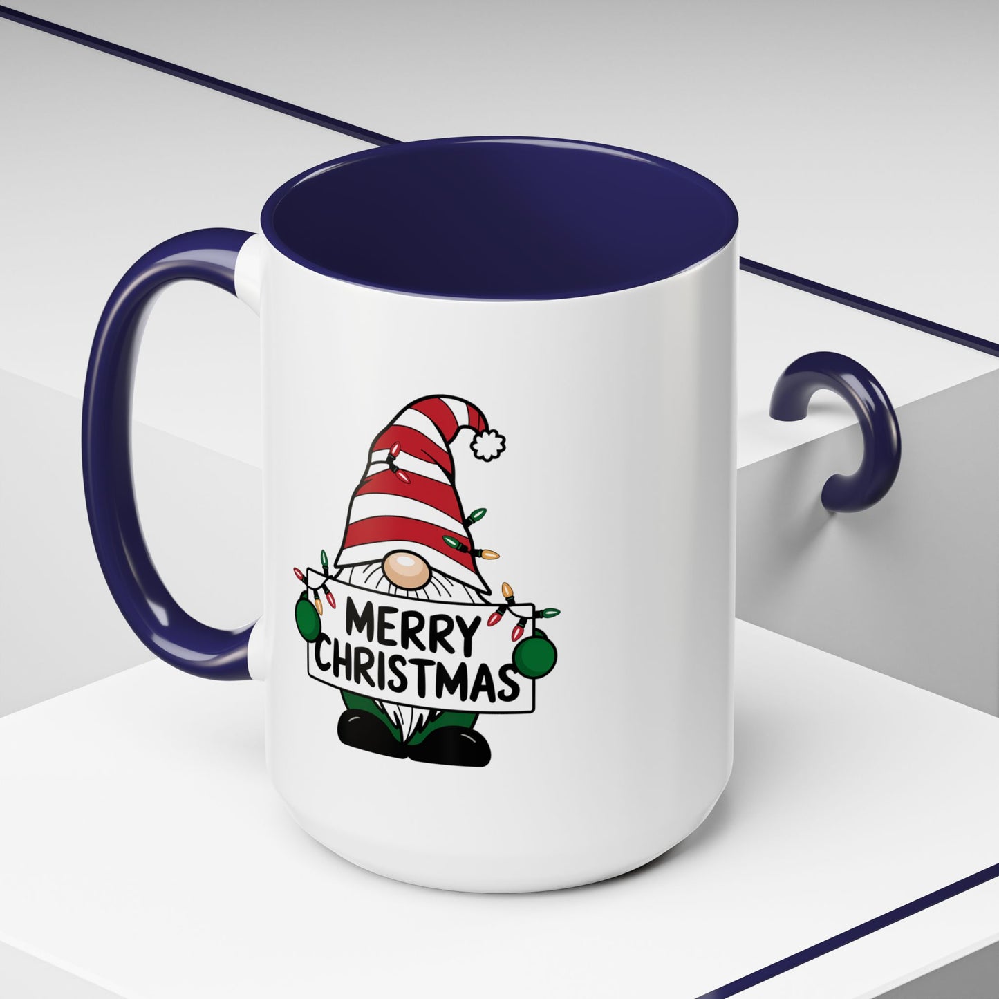 Christmas Mug - Merry Christmas Black Text Gnome Lights