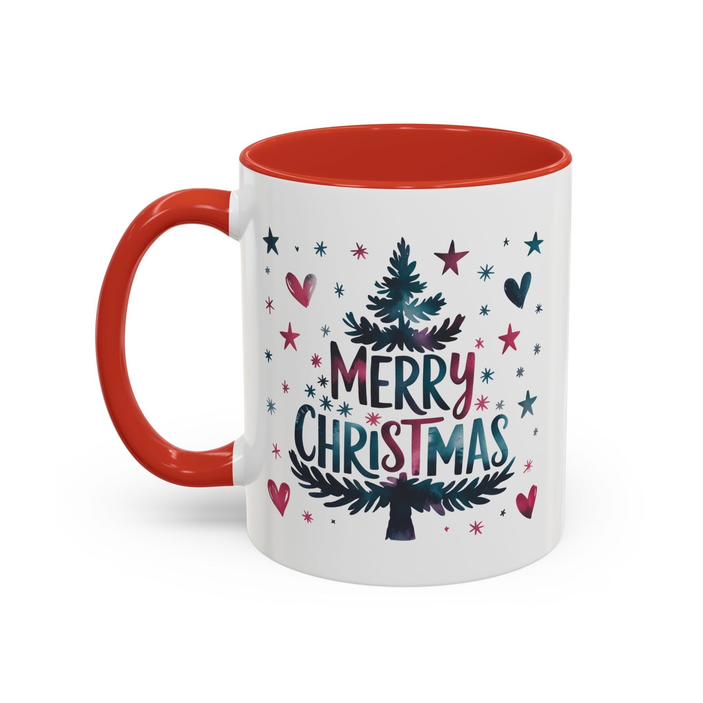 Christmas Mug - Merry Christmas Maroon & Blue Text Tree Hearts Stars