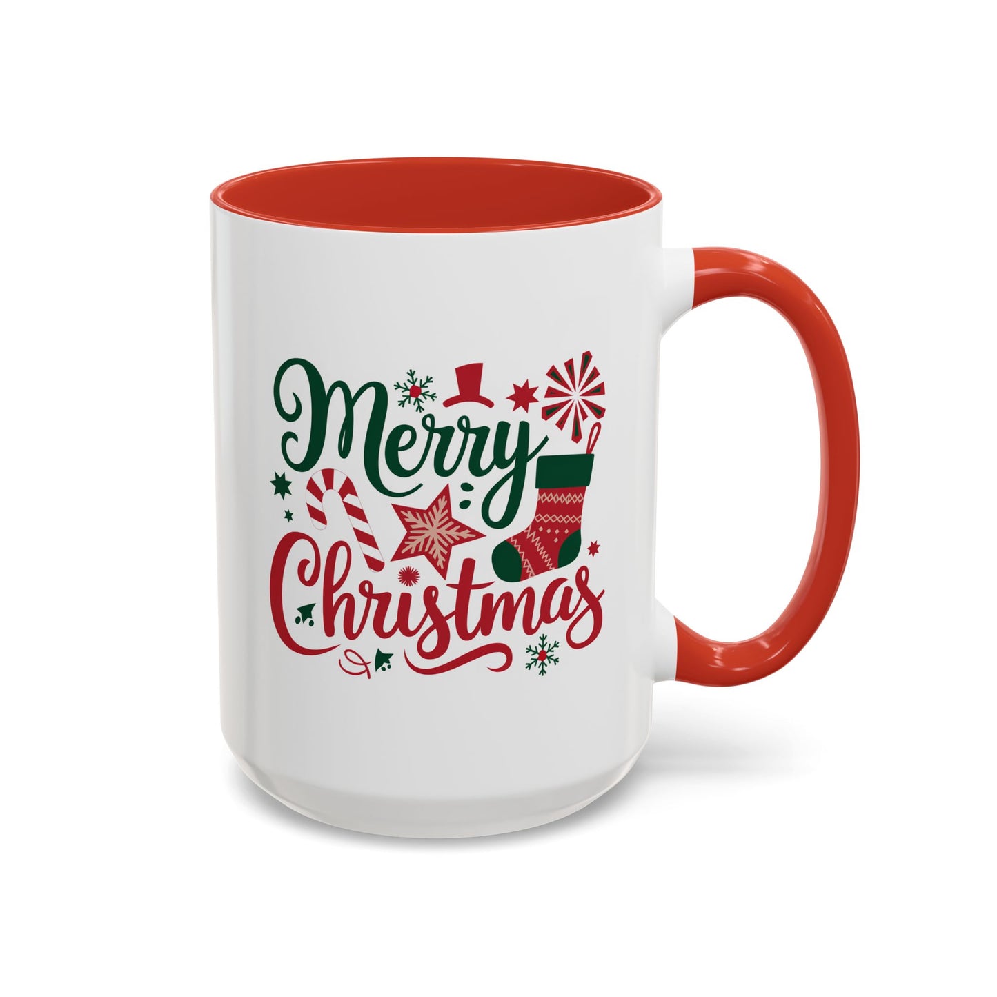 Christmas Mug - Merry Christmas Green & Red Text Star Candy Cane Stocking Snowflake