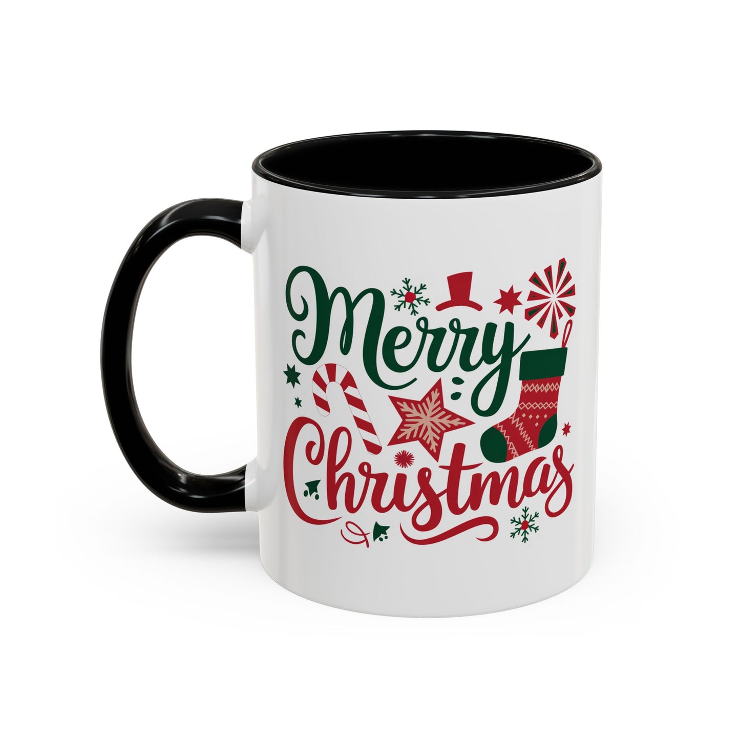 Christmas Mug - Merry Christmas Green & Red Text Star Candy Cane Stocking Snowflake
