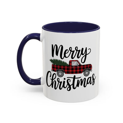 Christmas Mug - Merry Christmas Black Text Tartan Truck