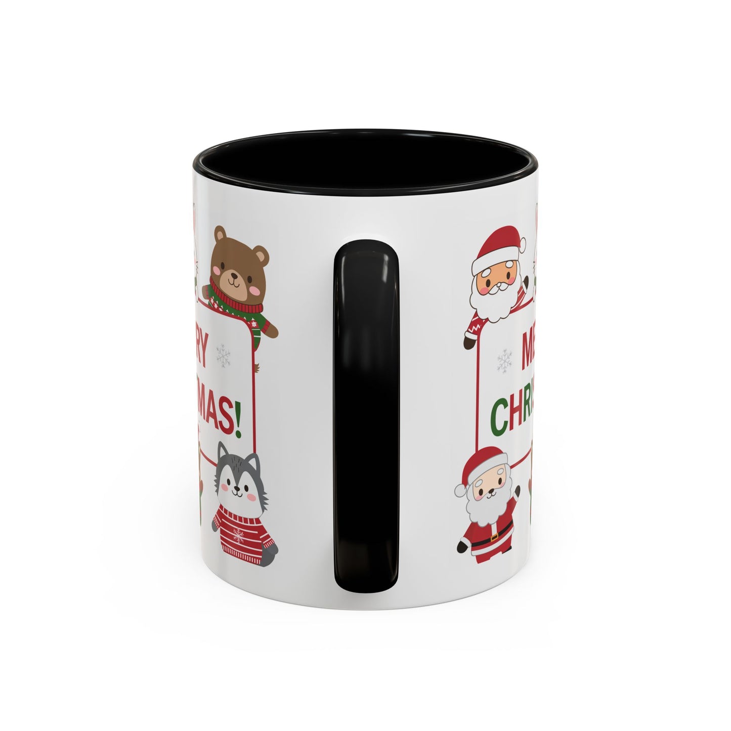 Christmas Mug - Merry Christmas Red & Green Text Santa Cute Animals