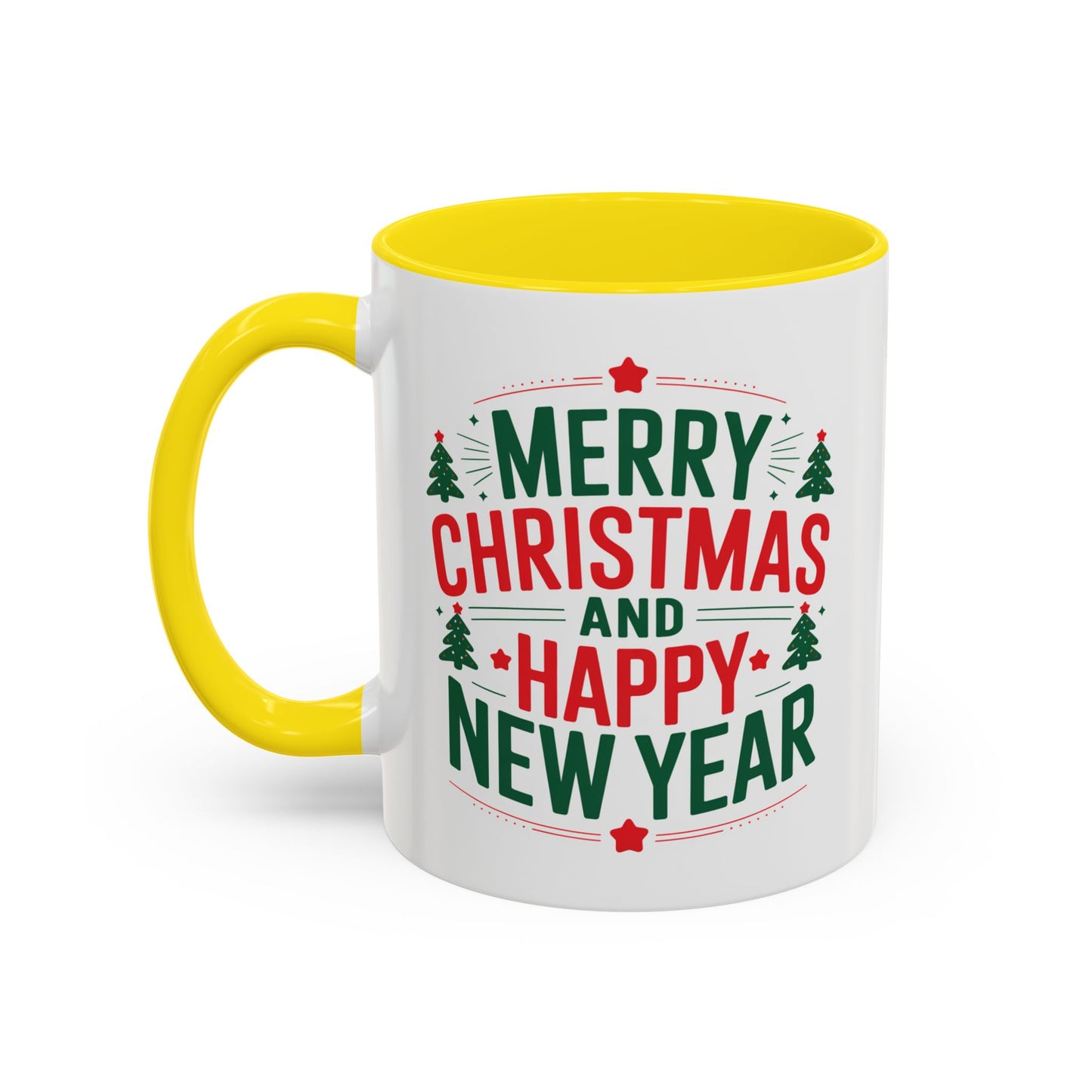 Christmas Mug - Merry Christmas and a Happy New Year Green & Red Text Trees Stars