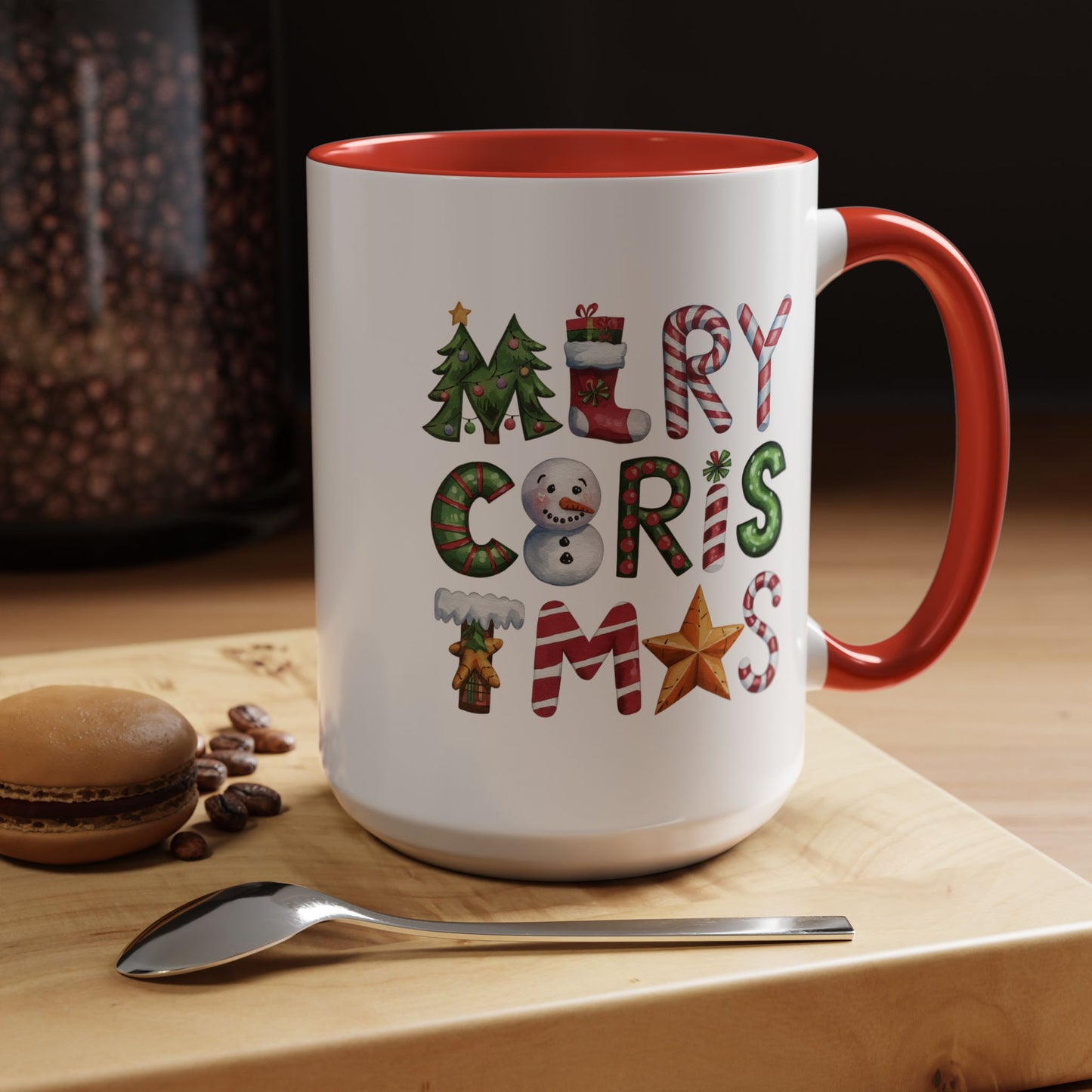 Christmas Mug - Merry Christmas Green Red & Gold Patterned Text