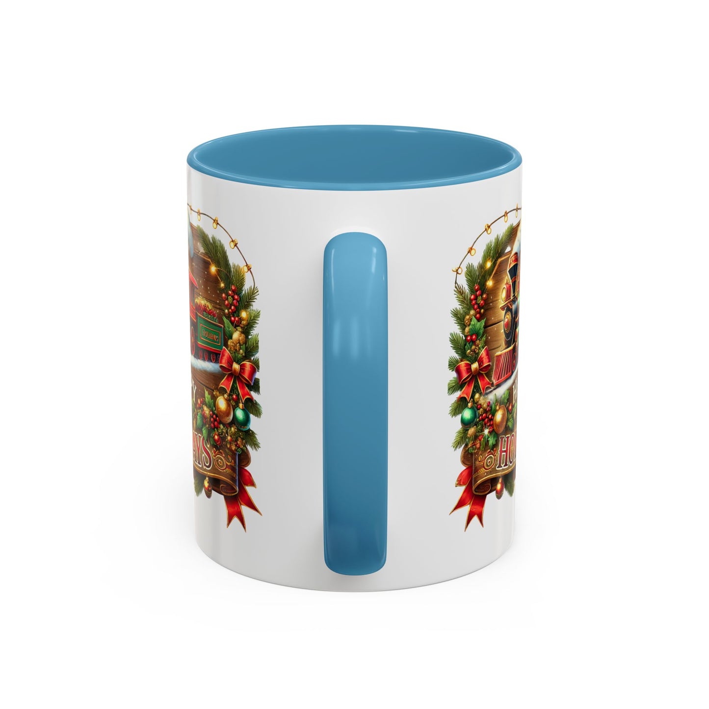 Christmas Mug - Happy Holidays White & Red Text Steam Locomotive