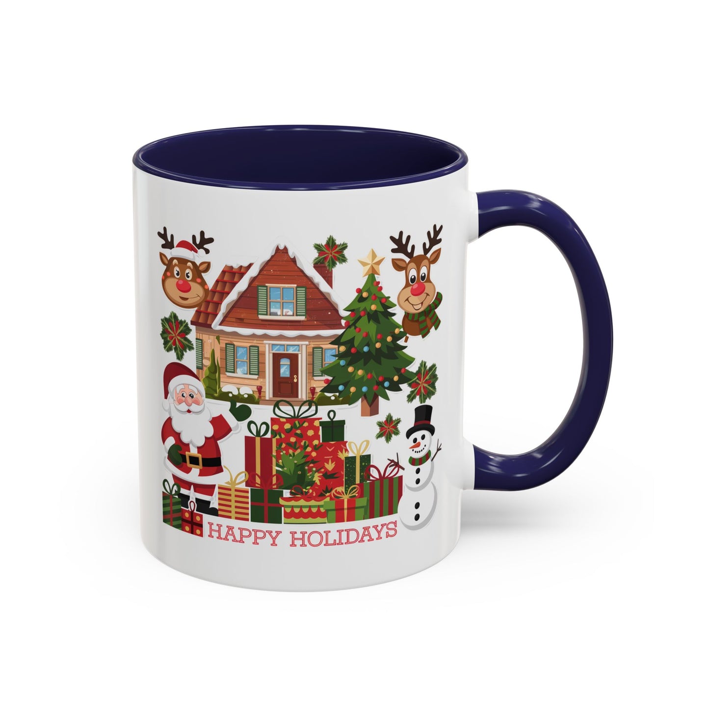 Christmas Mug - Happy Holidays Red Text Reindeer Santa Snowman Presents