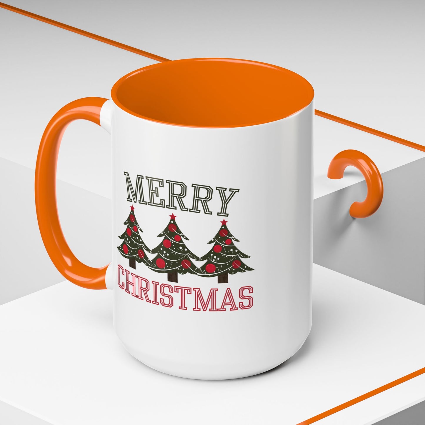 Christmas Mug - Merry Christmas Green & Red Text Decorative Trees
