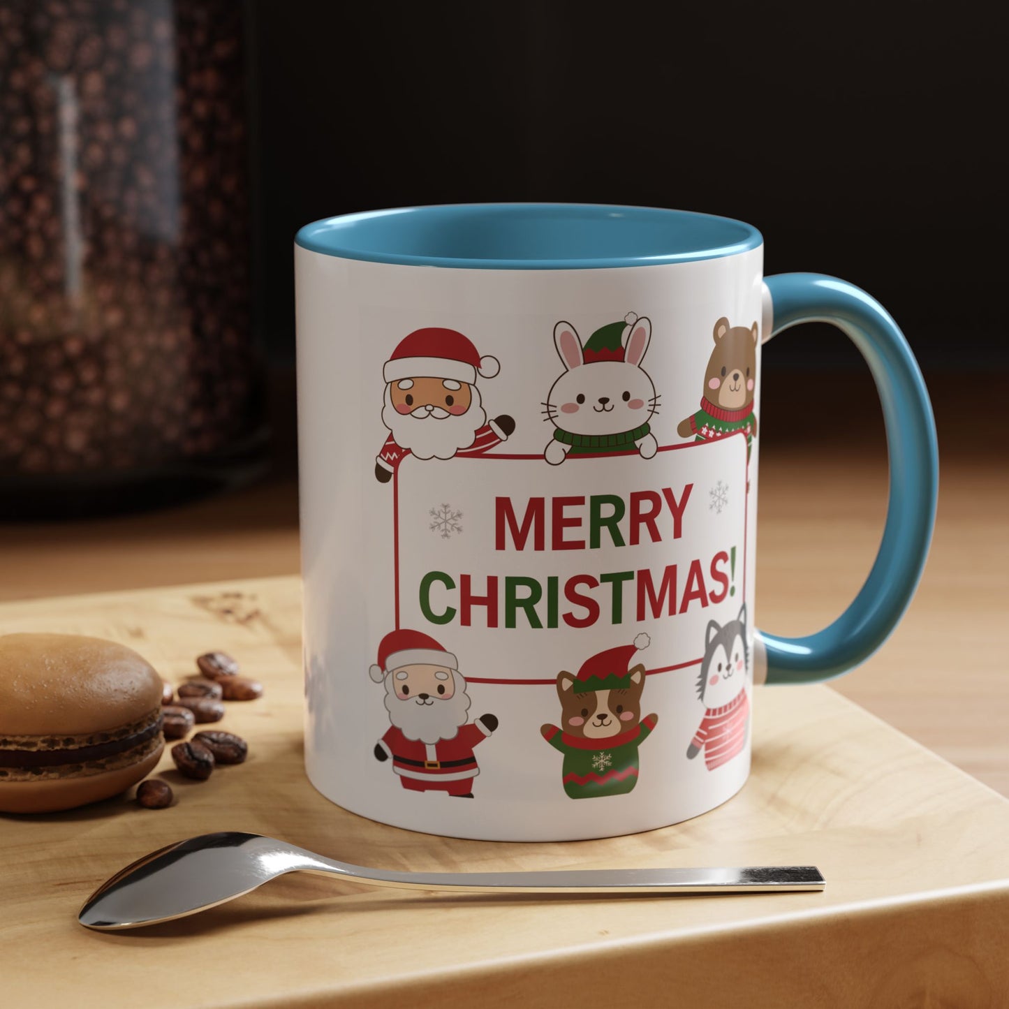 Christmas Mug - Merry Christmas Red & Green Text Santa Cute Animals