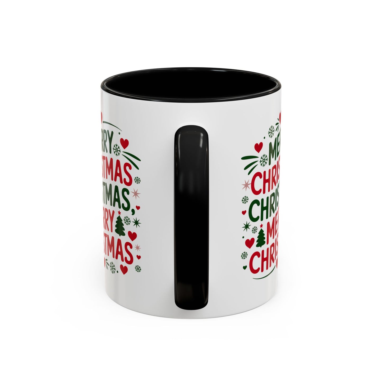 Christmas Mug - Merry Christmas Green & Red Text Trees Hearts Snowflakes Stars