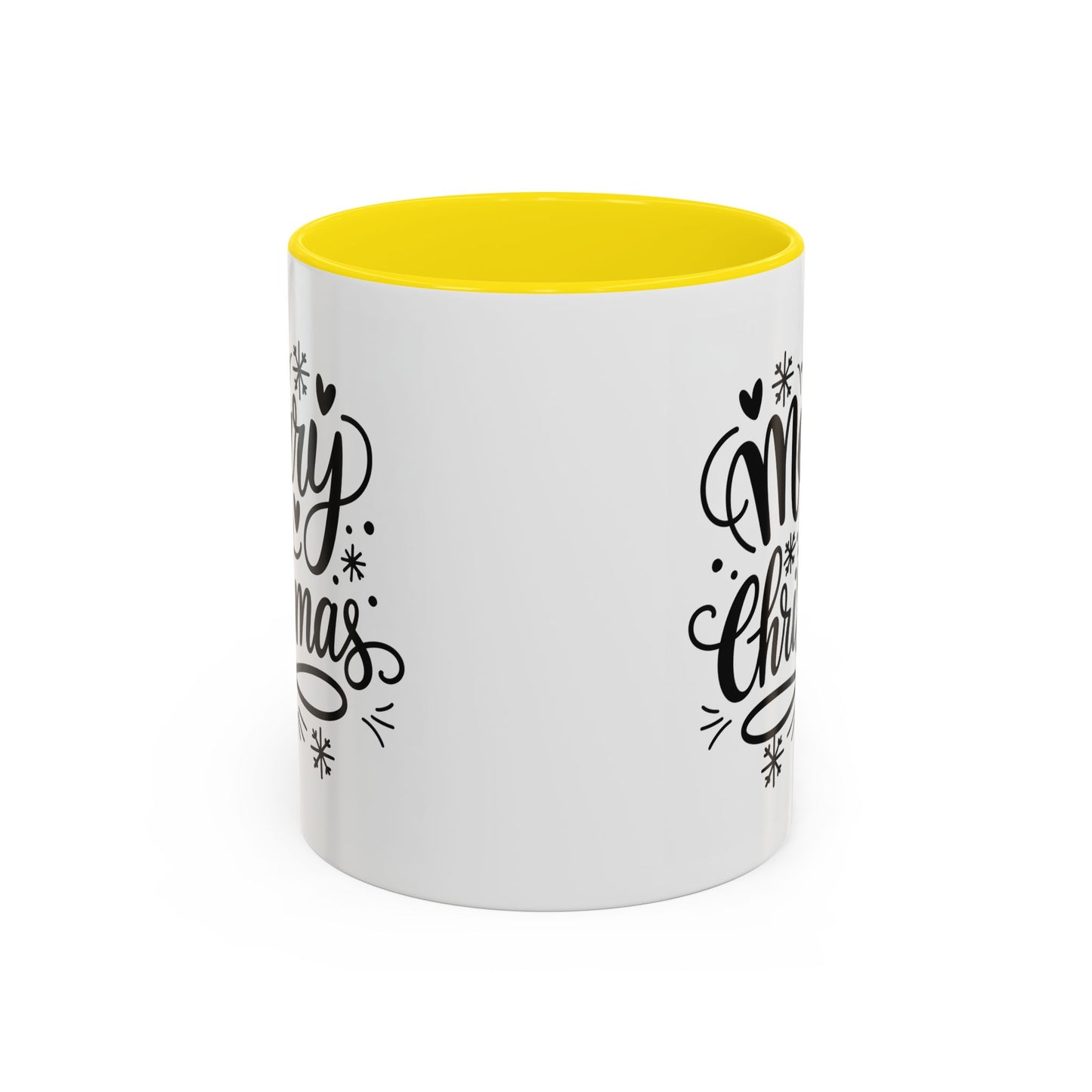 Christmas Mug - Merry Christmas Black Text Tree Snowflakes Hearts