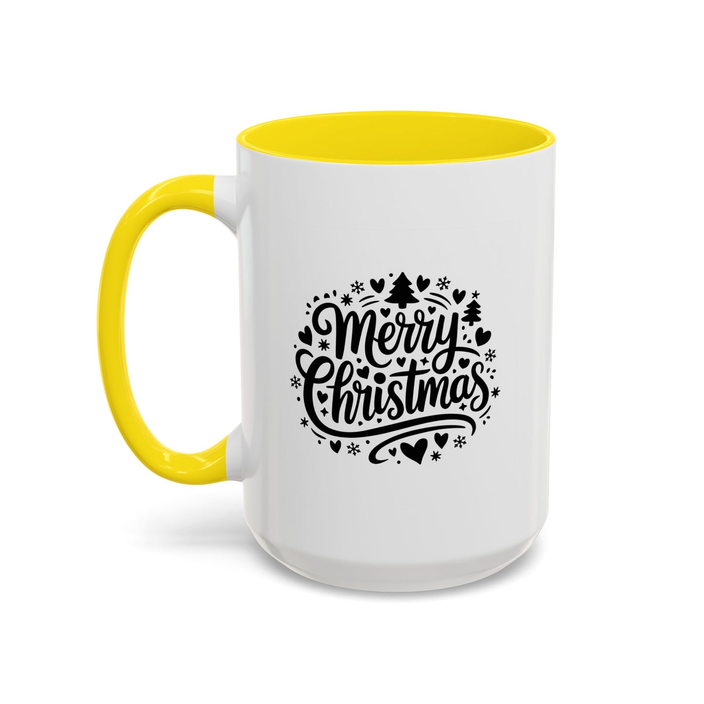 Christmas Mug - Merry Christmas Black Text Trees Snowflakes Hearts