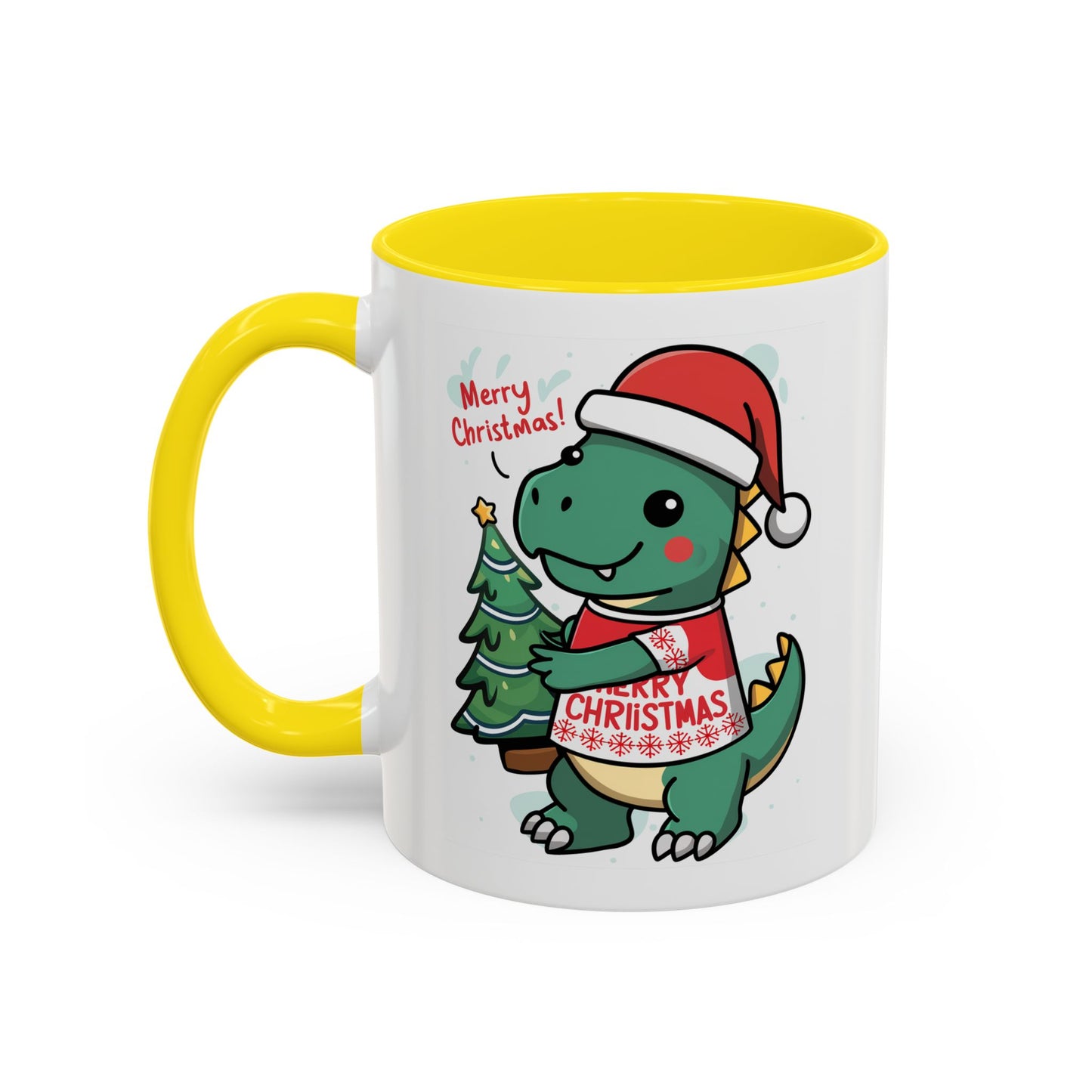 Christmas Mug - Merry Christmas Red Text Dinosaur Tree