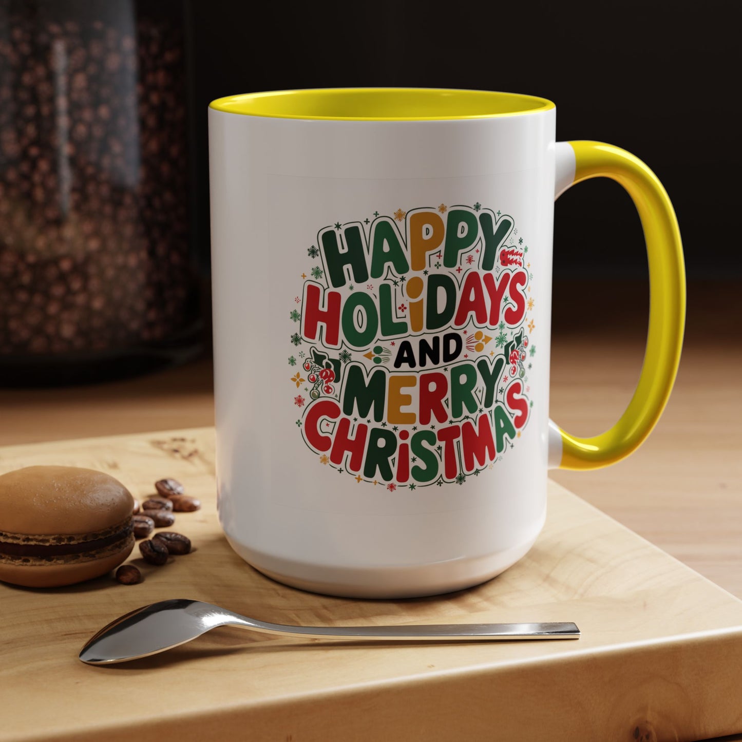 Christmas Mug - Happy Holidays and Merry Christmas Blue Green Yellow Red Text