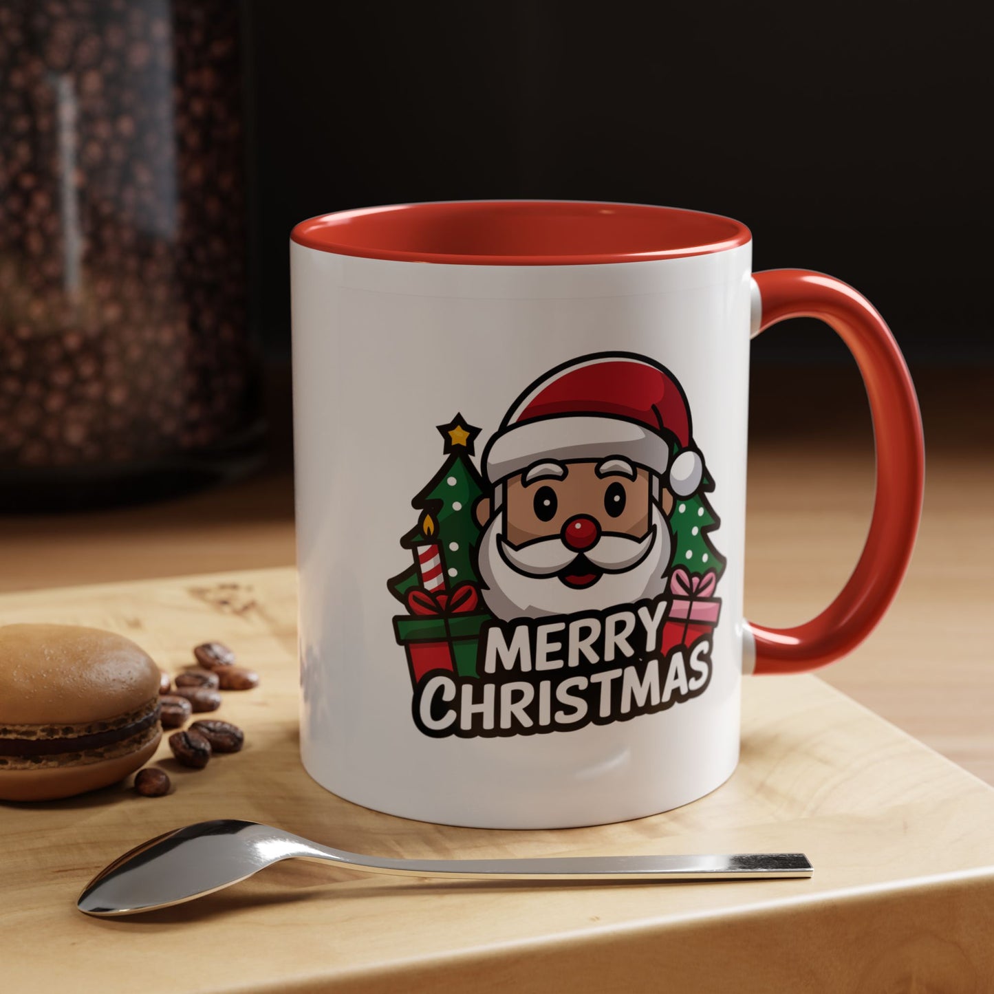 Christmas Mug - Merry Christmas White & Black Text Santa Trees Presents