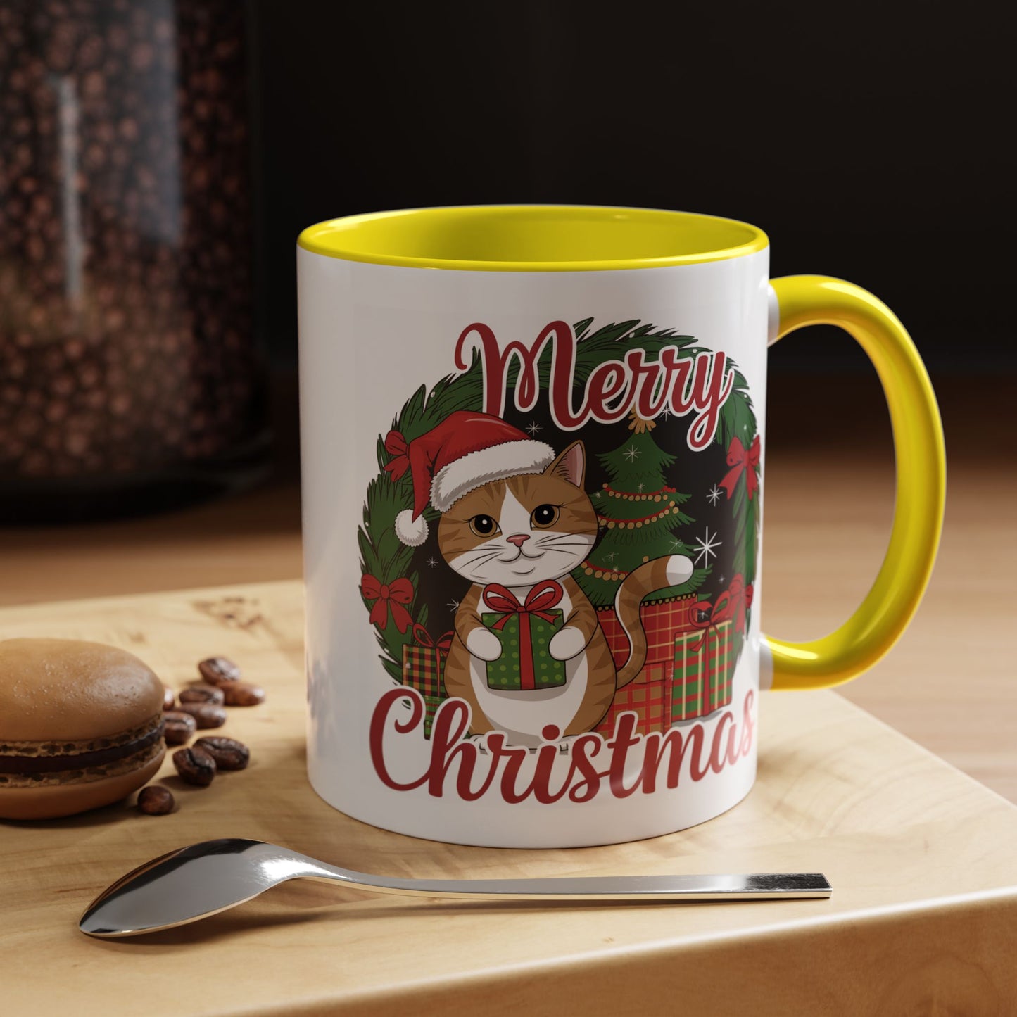 Christmas Mug - Merry Christmas Red Text Cat Presents Wreath