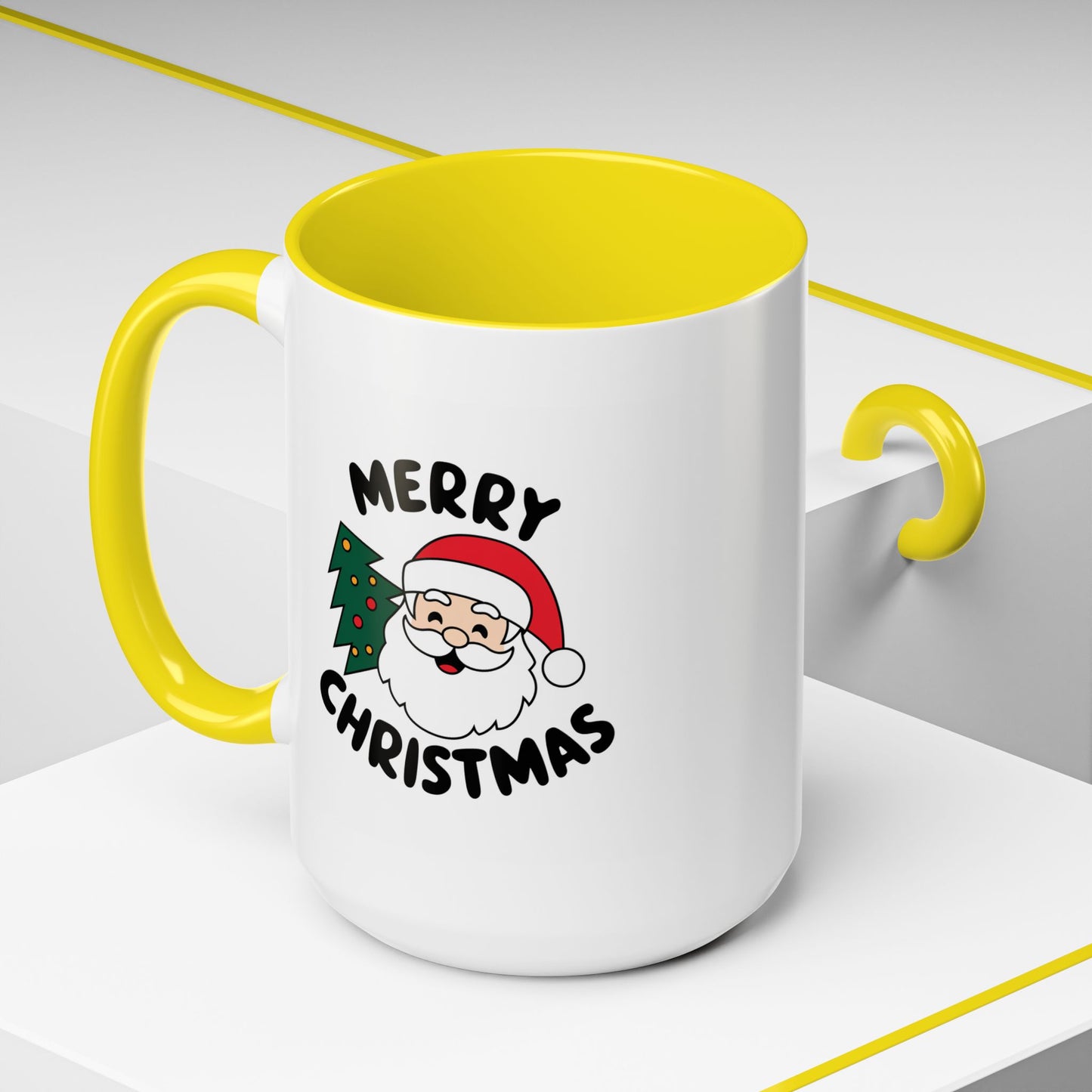 Christmas Mug - Merry Christmas Black Text Santa Tree