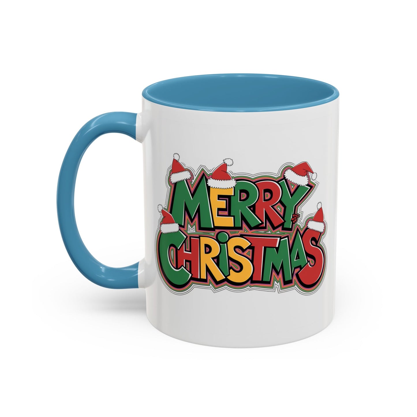 Christmas Mug - Merry Christmas Green Yellow & Red Text Hats