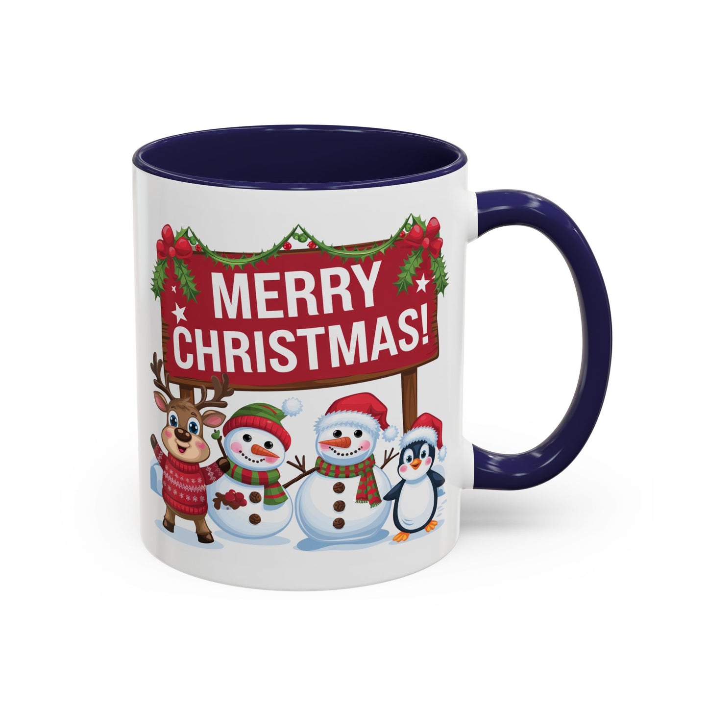Christmas Mug - Merry Christmas White Text Reindeer Snowmen Penguin