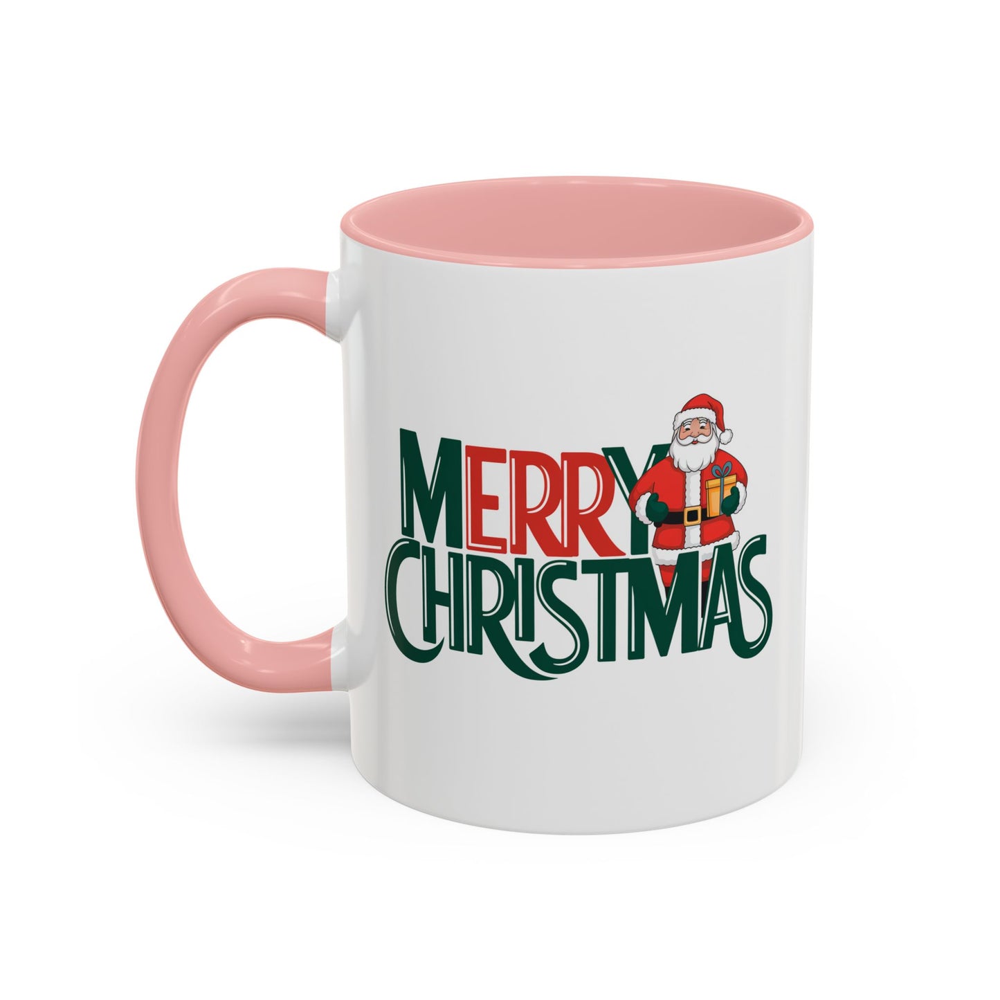 Christmas Mug - Merry Christmas Green & Red Text Santa Present