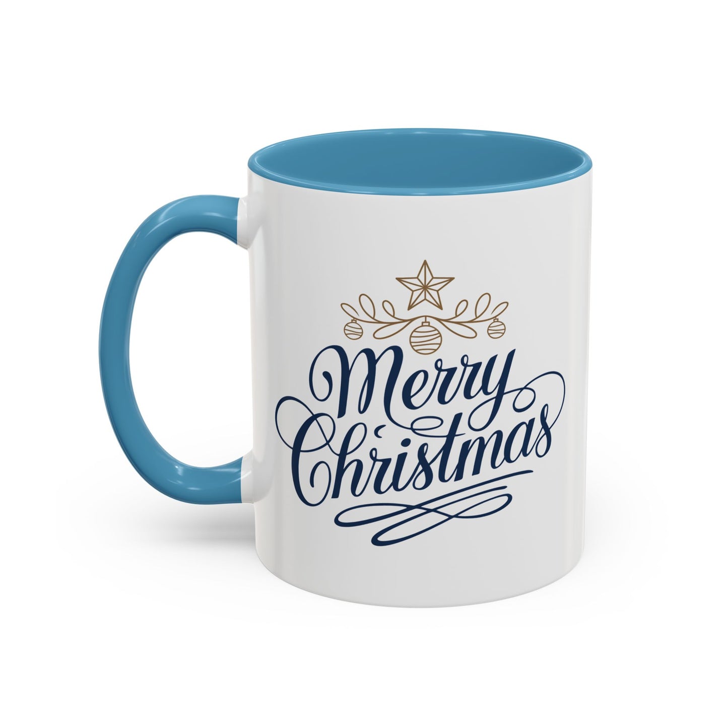 Christmas Mug - Merry Christmas Blue Text Gold Ornaments