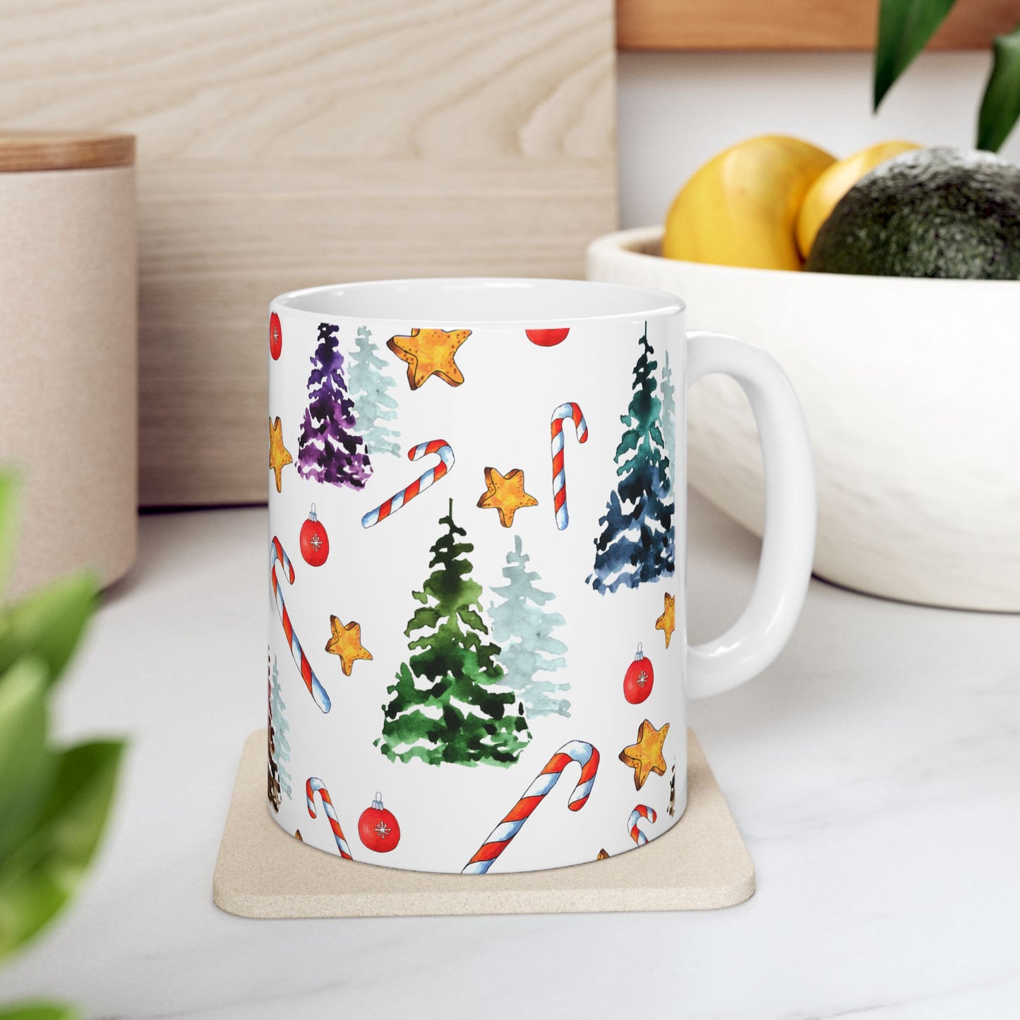Christmas Mug - Trees Candy Stars Ornaments Pattern