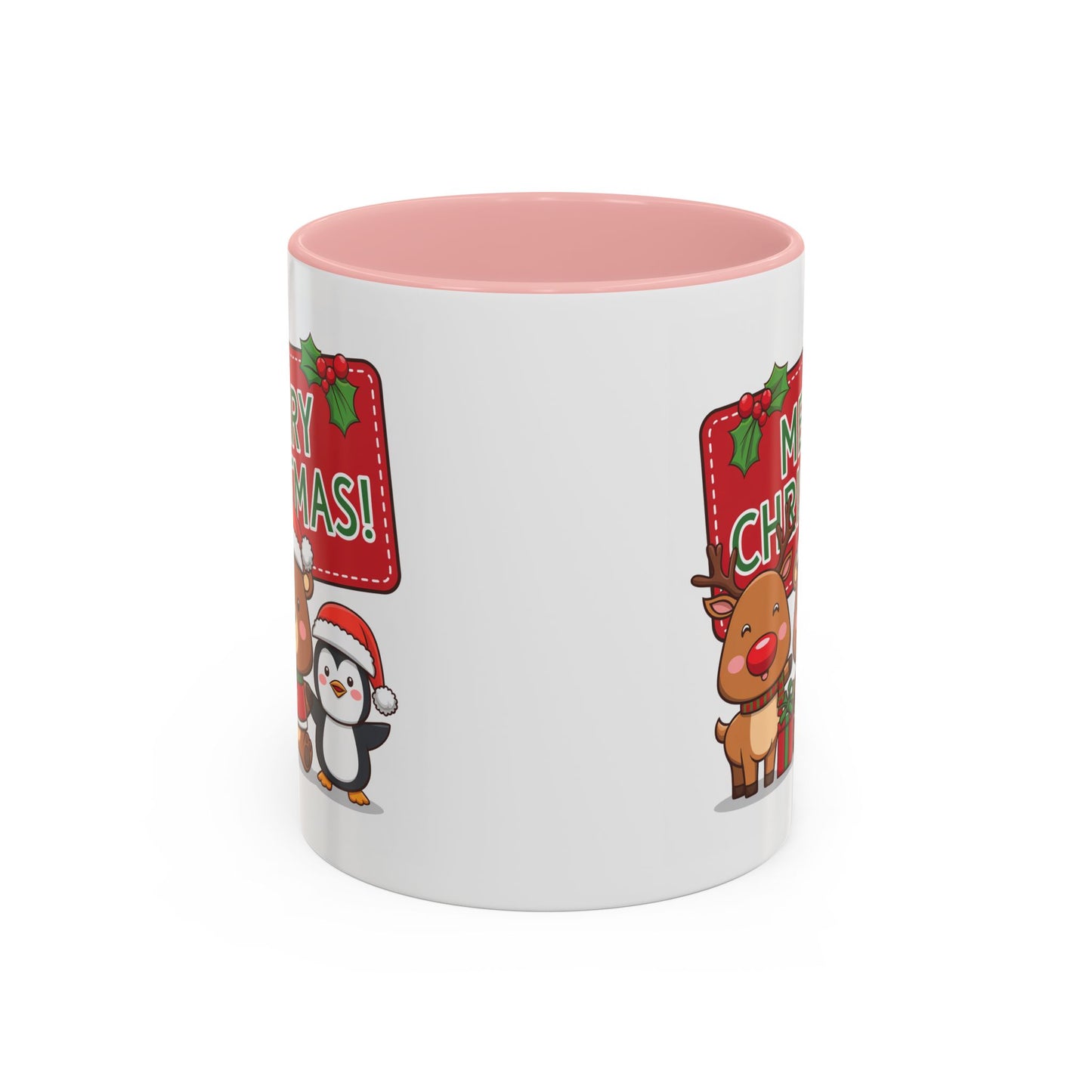 Christmas Mug - Green Text Red Banner Reindeer Bear Penguin