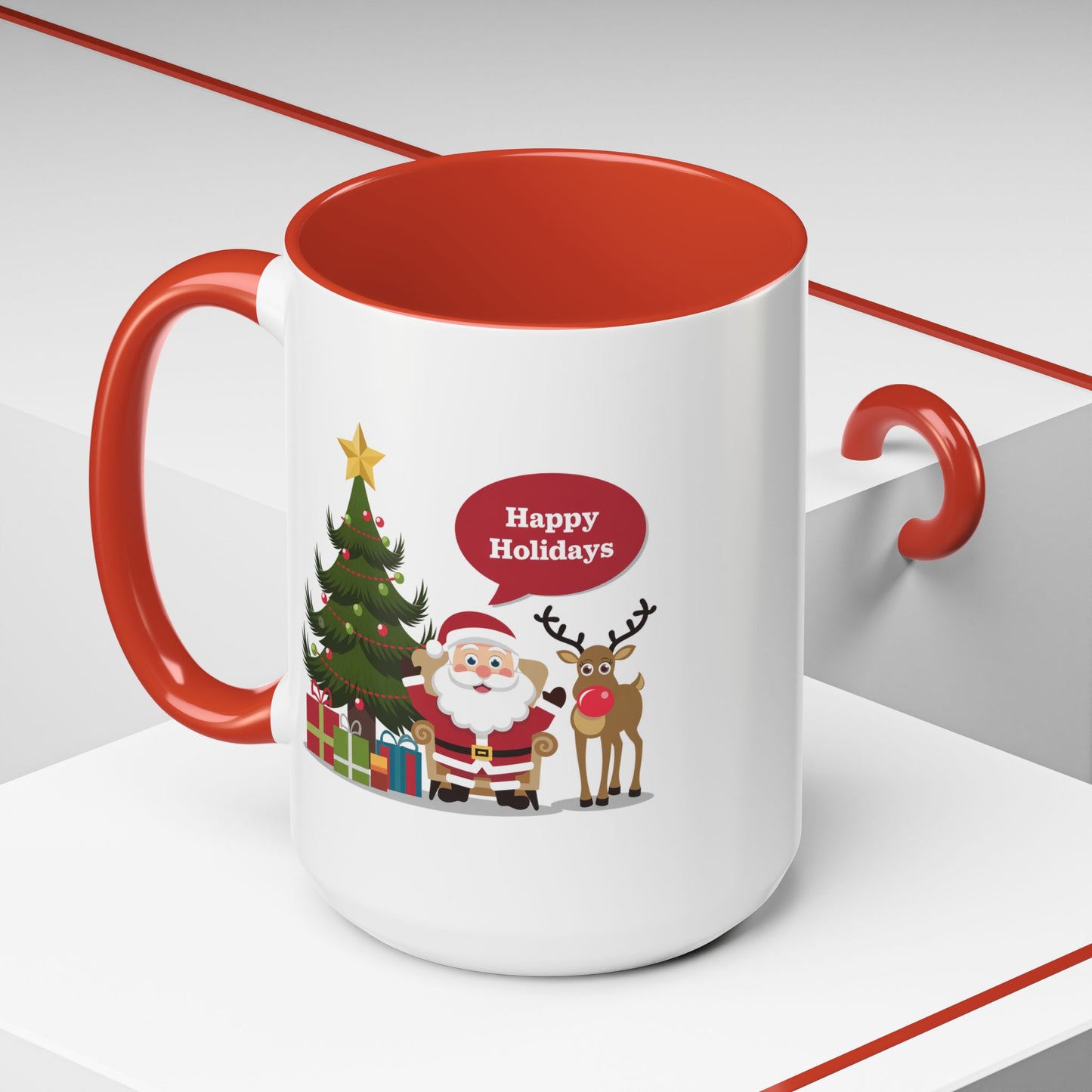 Christmas Mug - Happy Holidays Callout Santa Tree Presents Reindeer