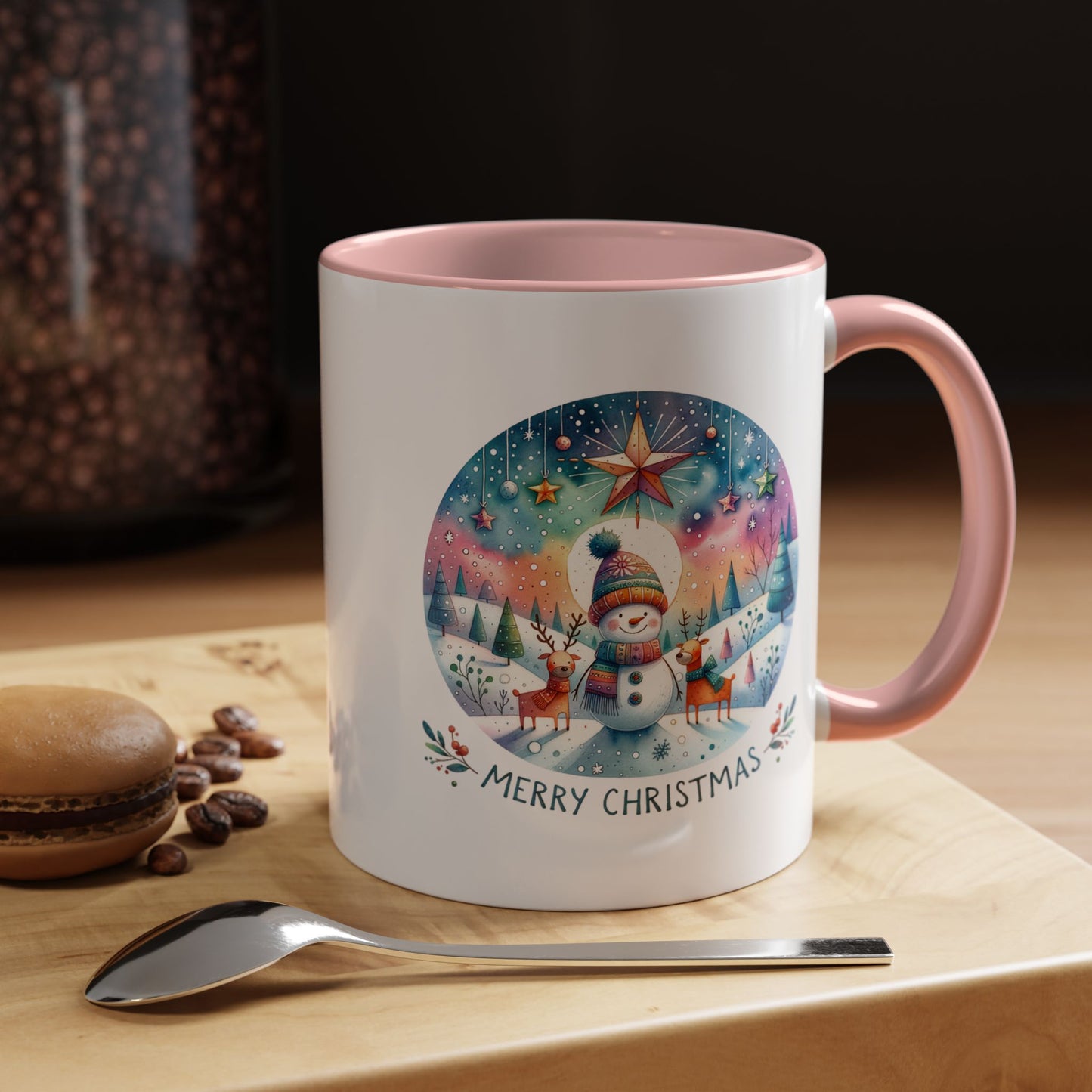 Christmas Mug - Merry Christmas Blue Text Snowman Star Reindeer