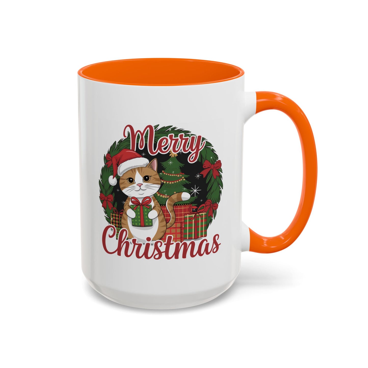 Christmas Mug - Merry Christmas Red Text Cat Presents Wreath