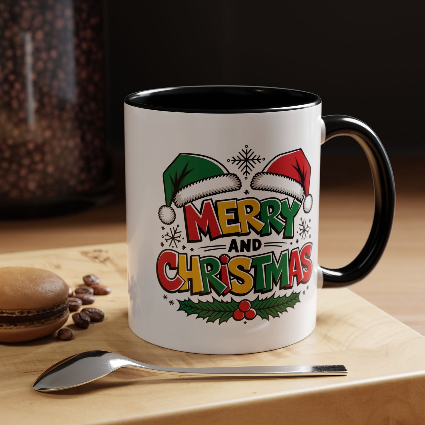 Christmas Mug - Merry Christmas Red Yellow & Green Text Green & Red Hat
