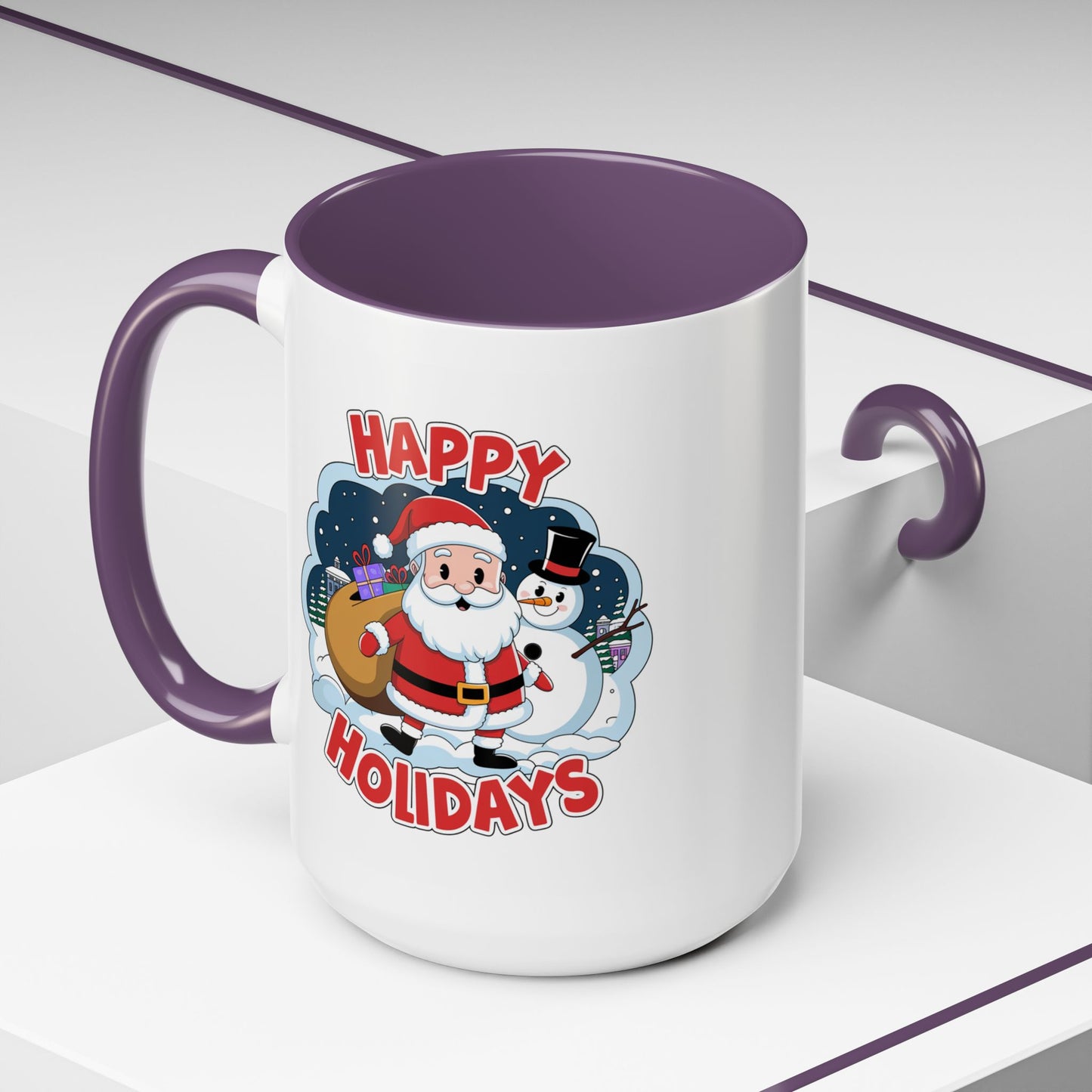 Christmas Mug - Happy Holidays Red & White Text Santa Snowman