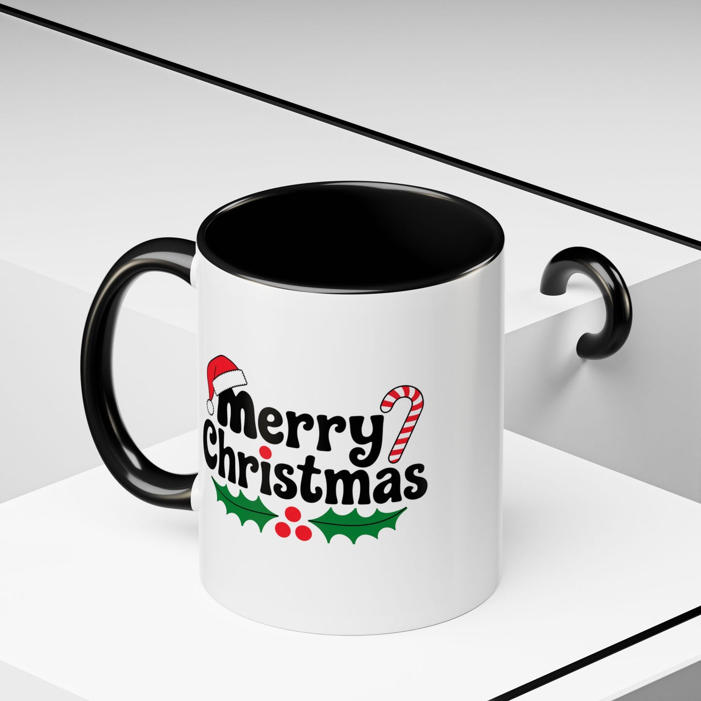 Christmas Mug - Merry Christmas Black Text Hat Cane Misletoe