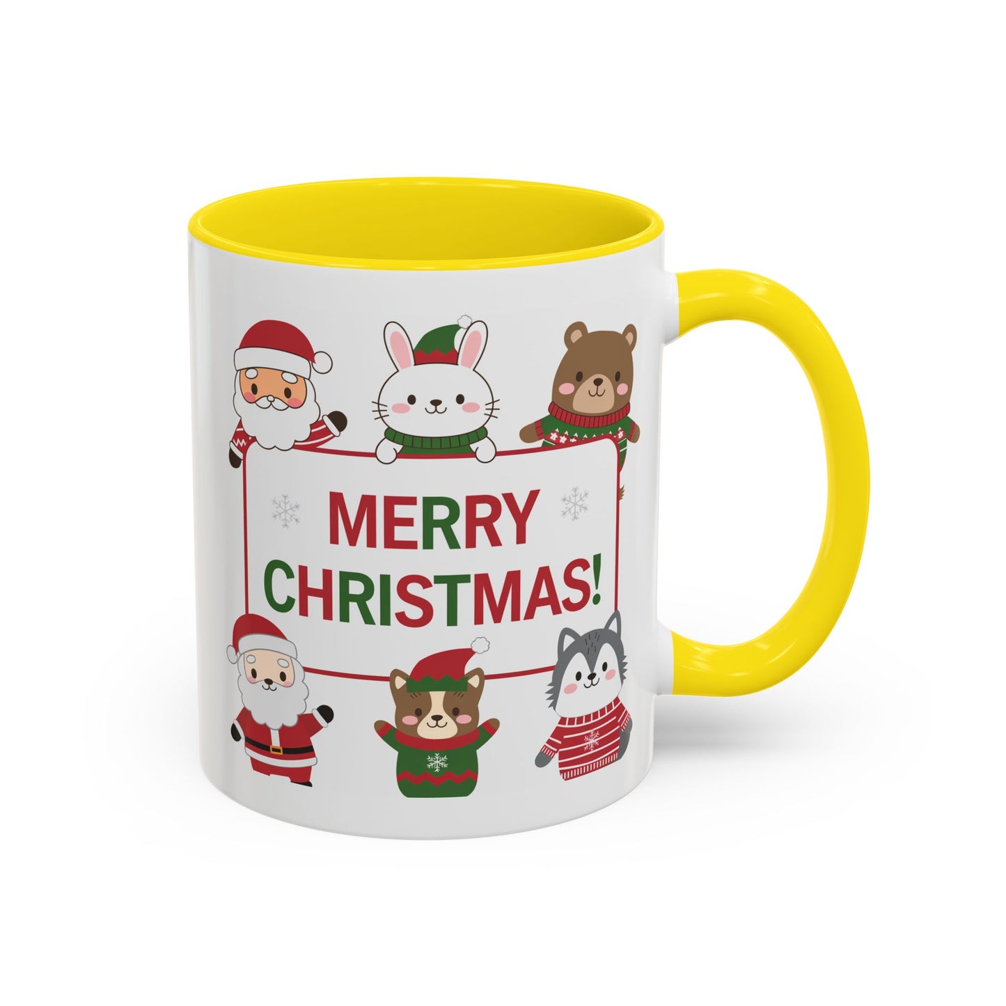 Christmas Mug - Merry Christmas Red & Green Text Santa Cute Animals