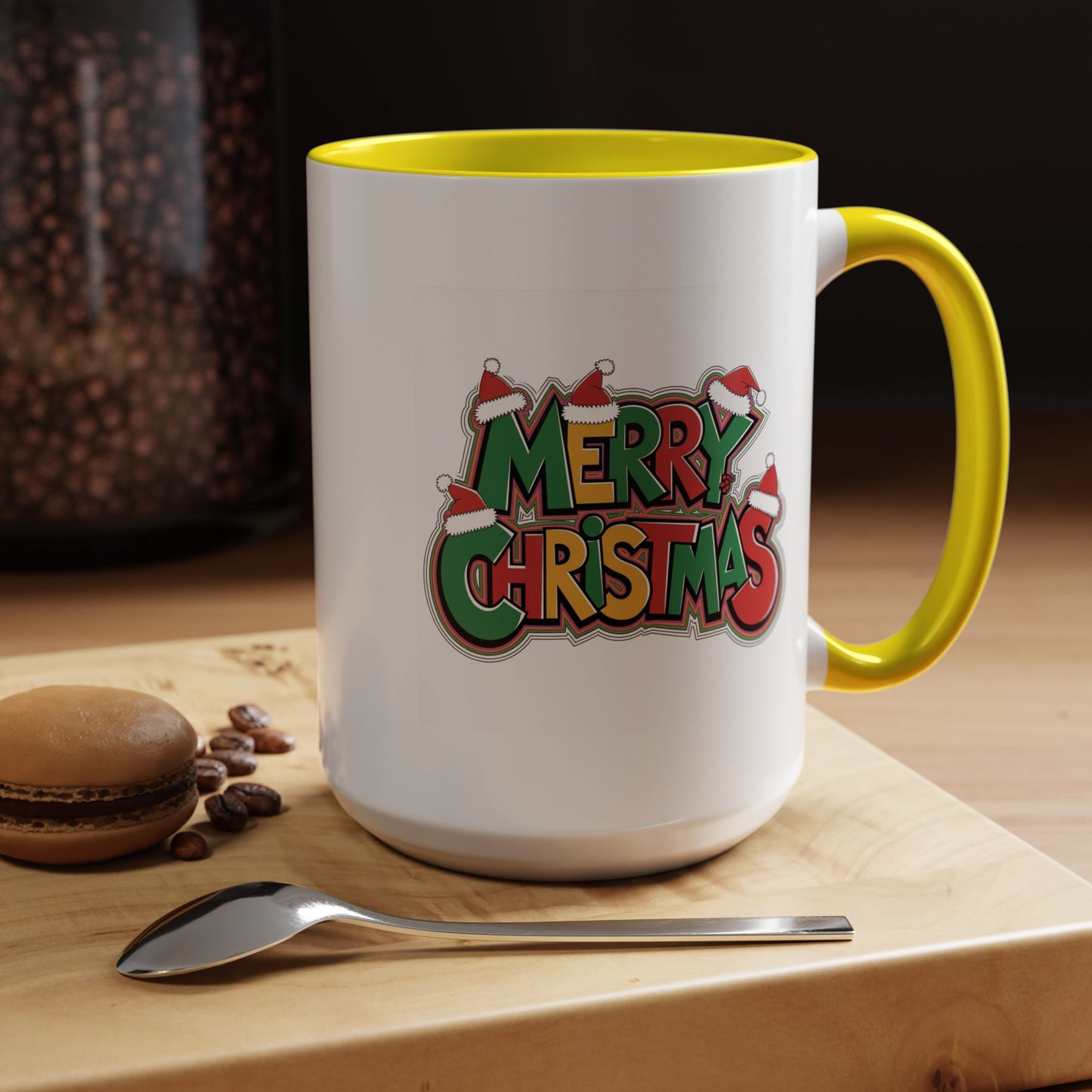 Christmas Mug - Merry Christmas Green Yellow & Red Text Hats