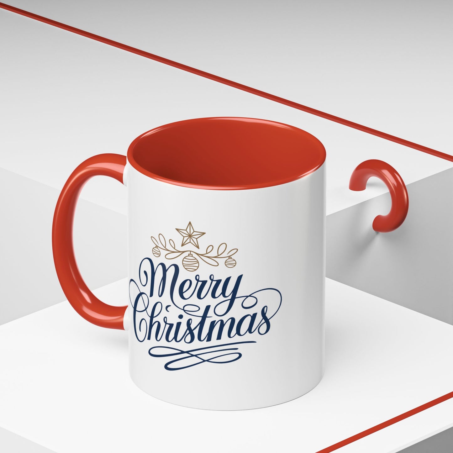 Christmas Mug - Merry Christmas Blue Text Gold Ornaments