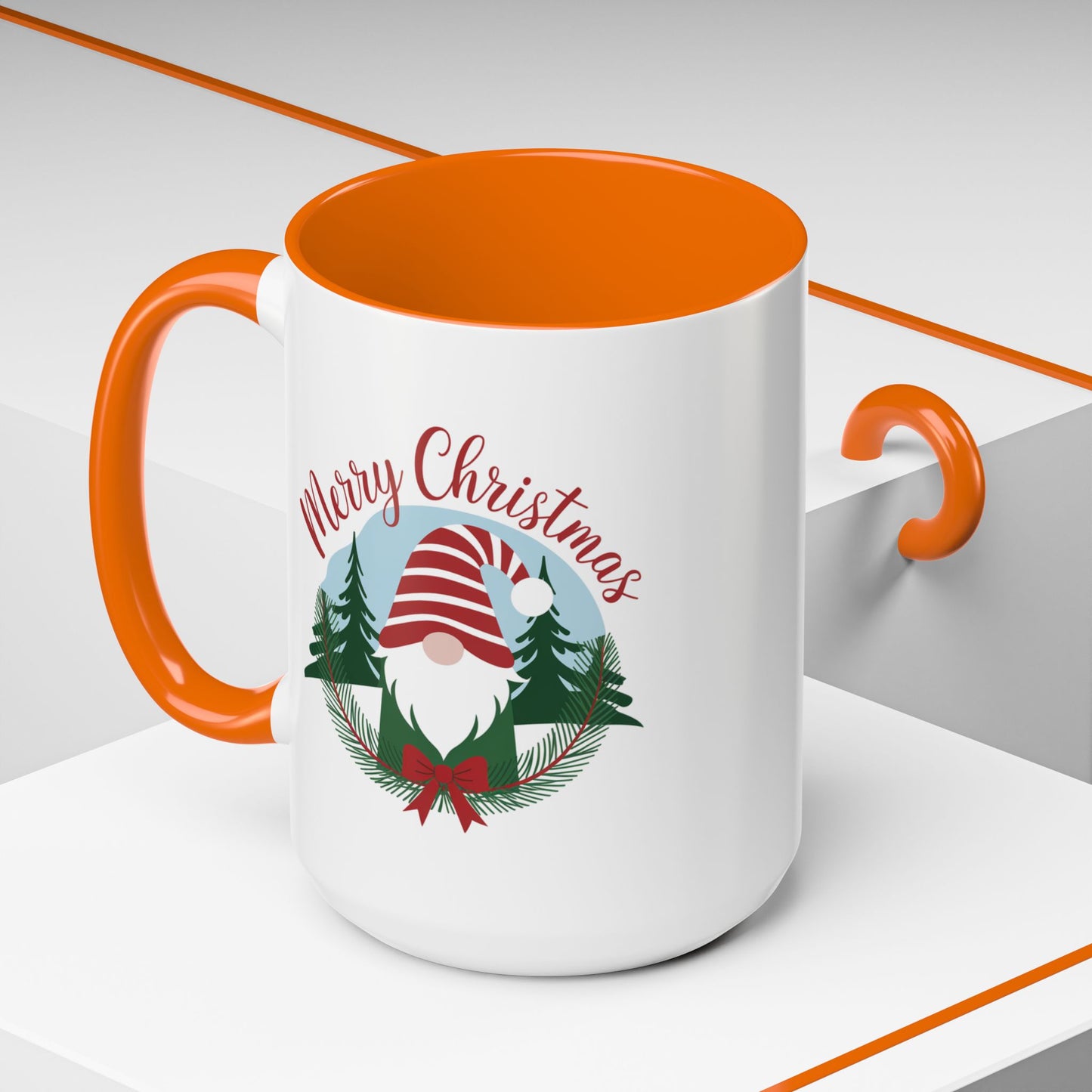 Christmas Mug - Merry Christmas Red Text Gnome Bow Tree