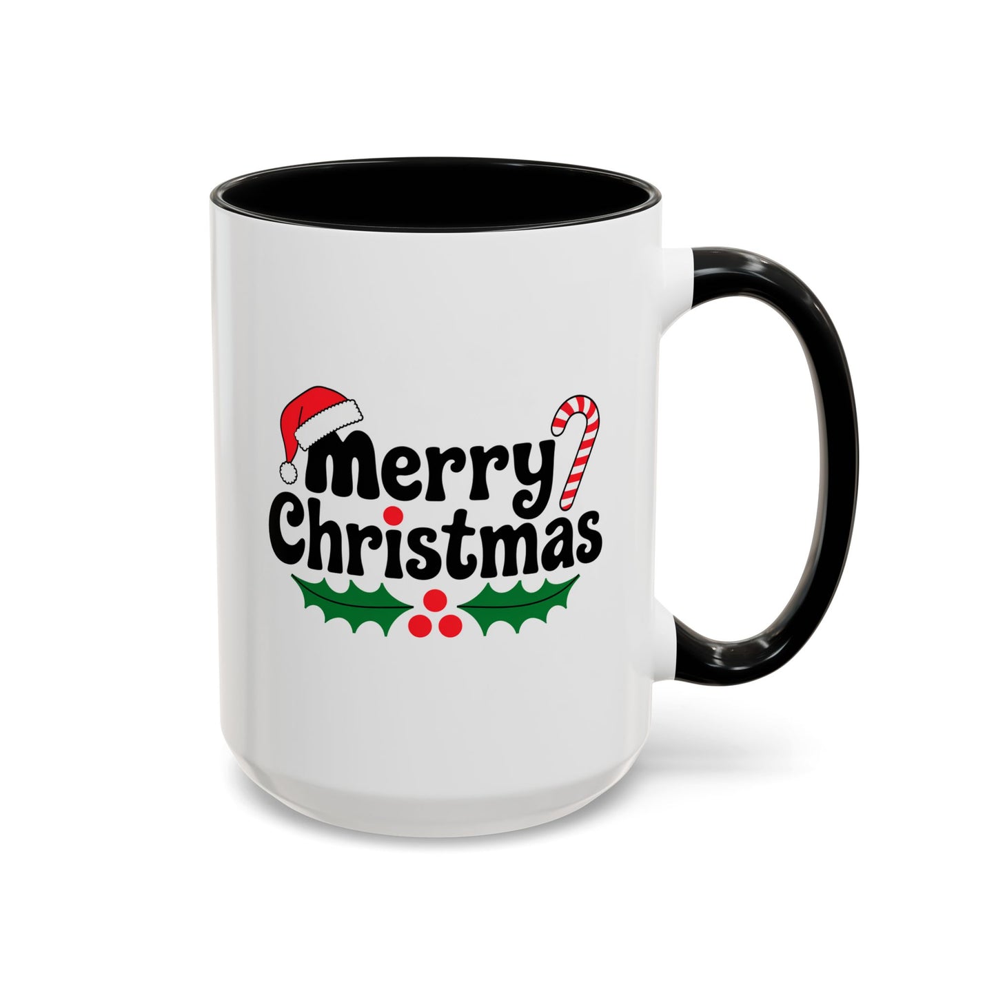 Christmas Mug - Merry Christmas Black Text Hat Candy Cane Mistletoe