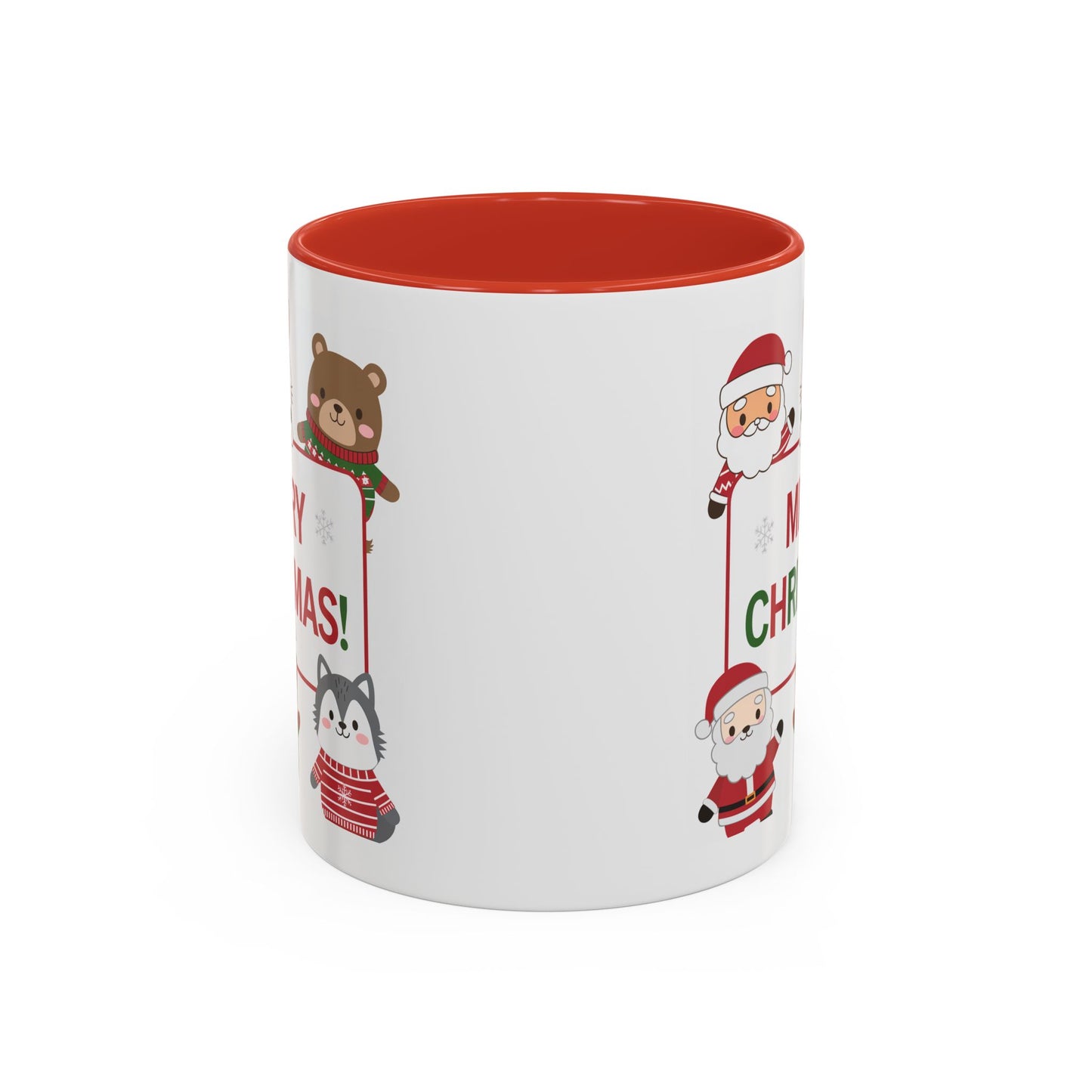 Christmas Mug - Merry Christmas Red & Green Text Santa Cute Animals