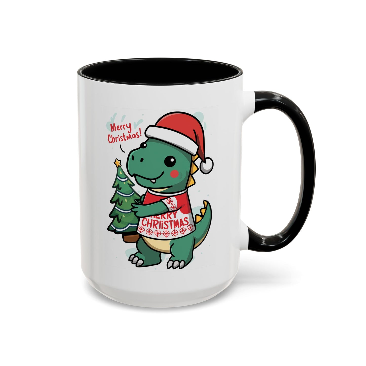 Christmas Mug - Merry Christmas Red Text Dinosaur Tree