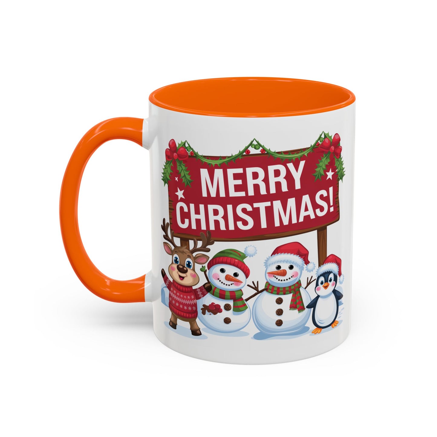 Christmas Mug - Merry Christmas White Text Reindeer Snowmen Penguin