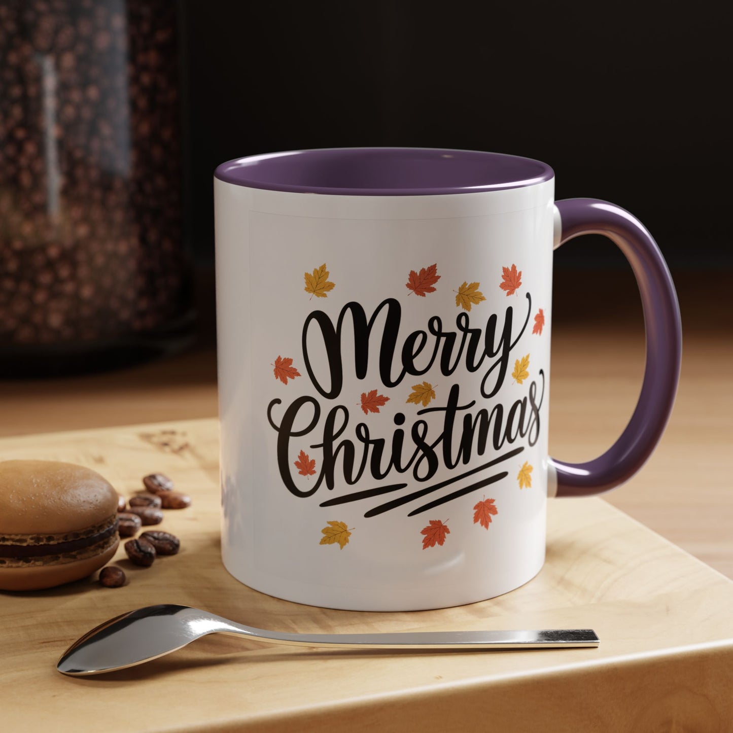 Christmas Mug - Merry Christmas Black Text Fall Leaves